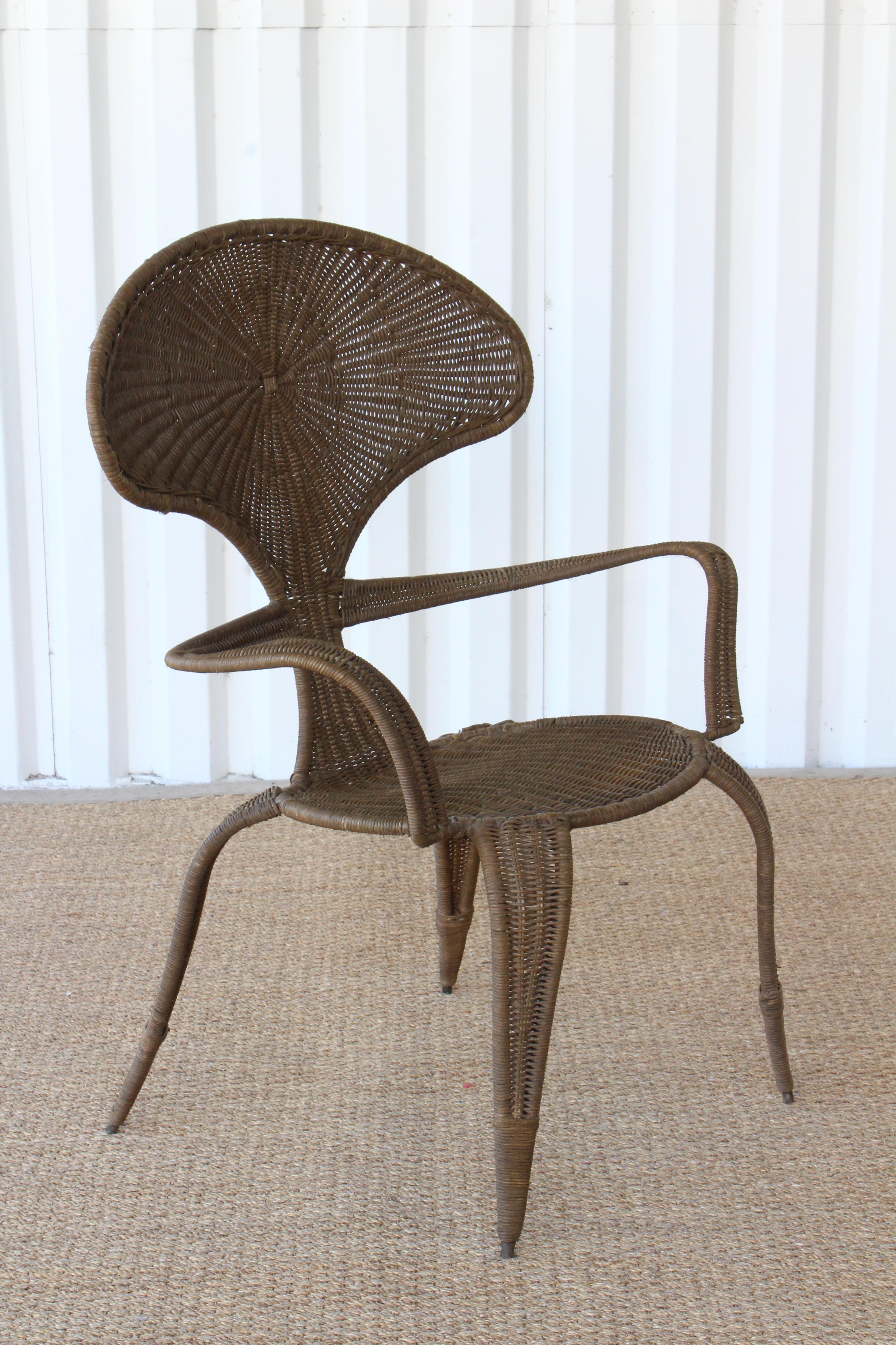 Mid-Century Modern Wicker and Iron Armchair by Danny Ho Fong, 1960s.