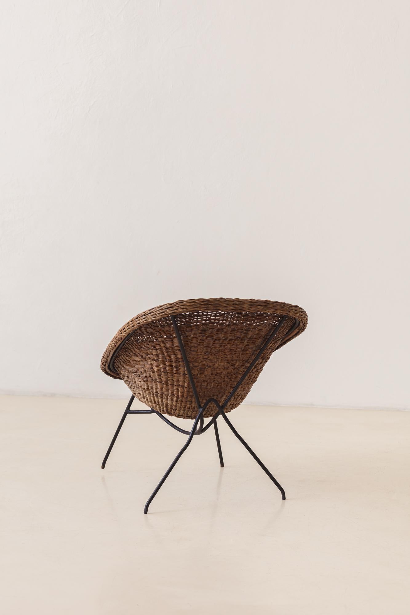 Mid-20th Century Wicker and Iron Armchair, Unknown Designer, Brazilian Midcentury Modern, c. 1955 For Sale