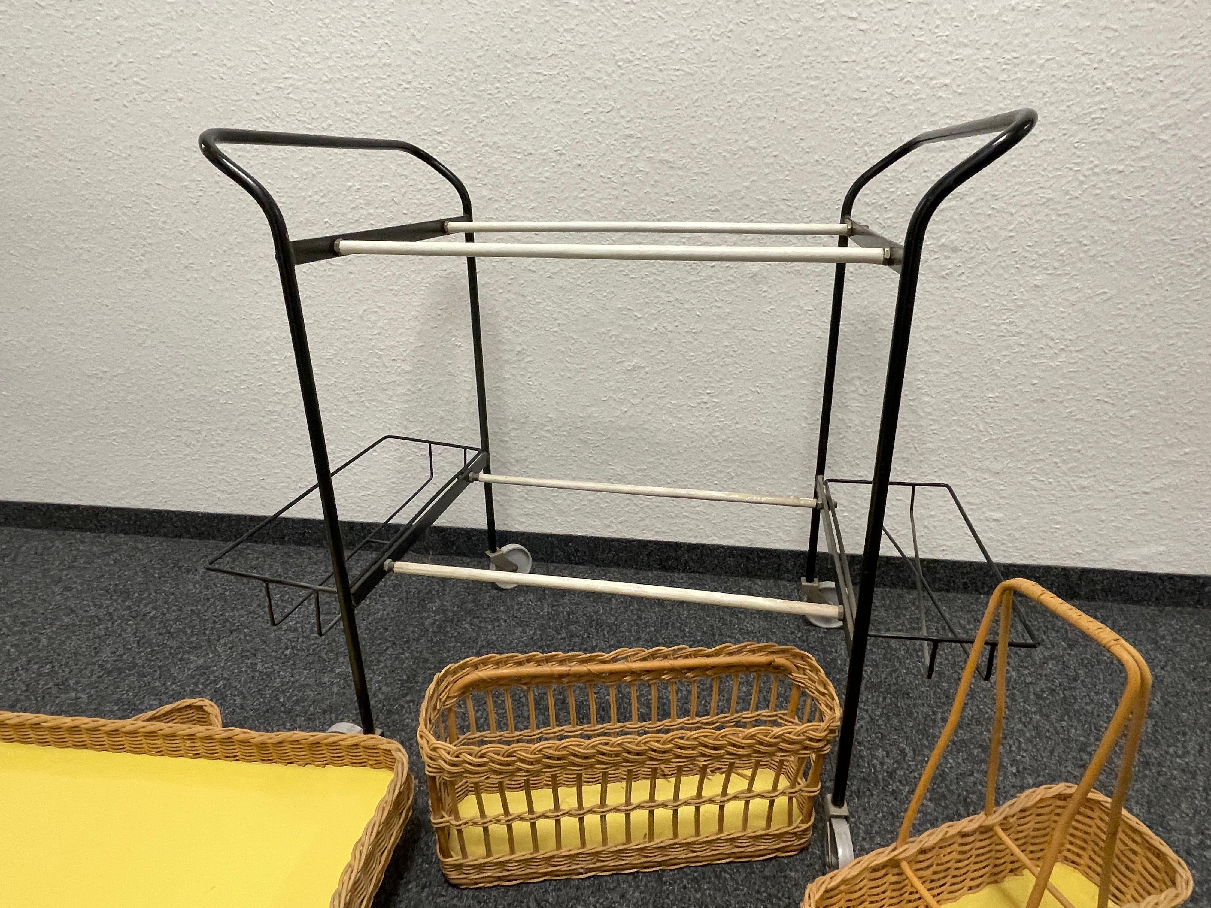 Metal Wicker and Iron Bar Cart or Tea Trolley Table, German, 1950s For Sale