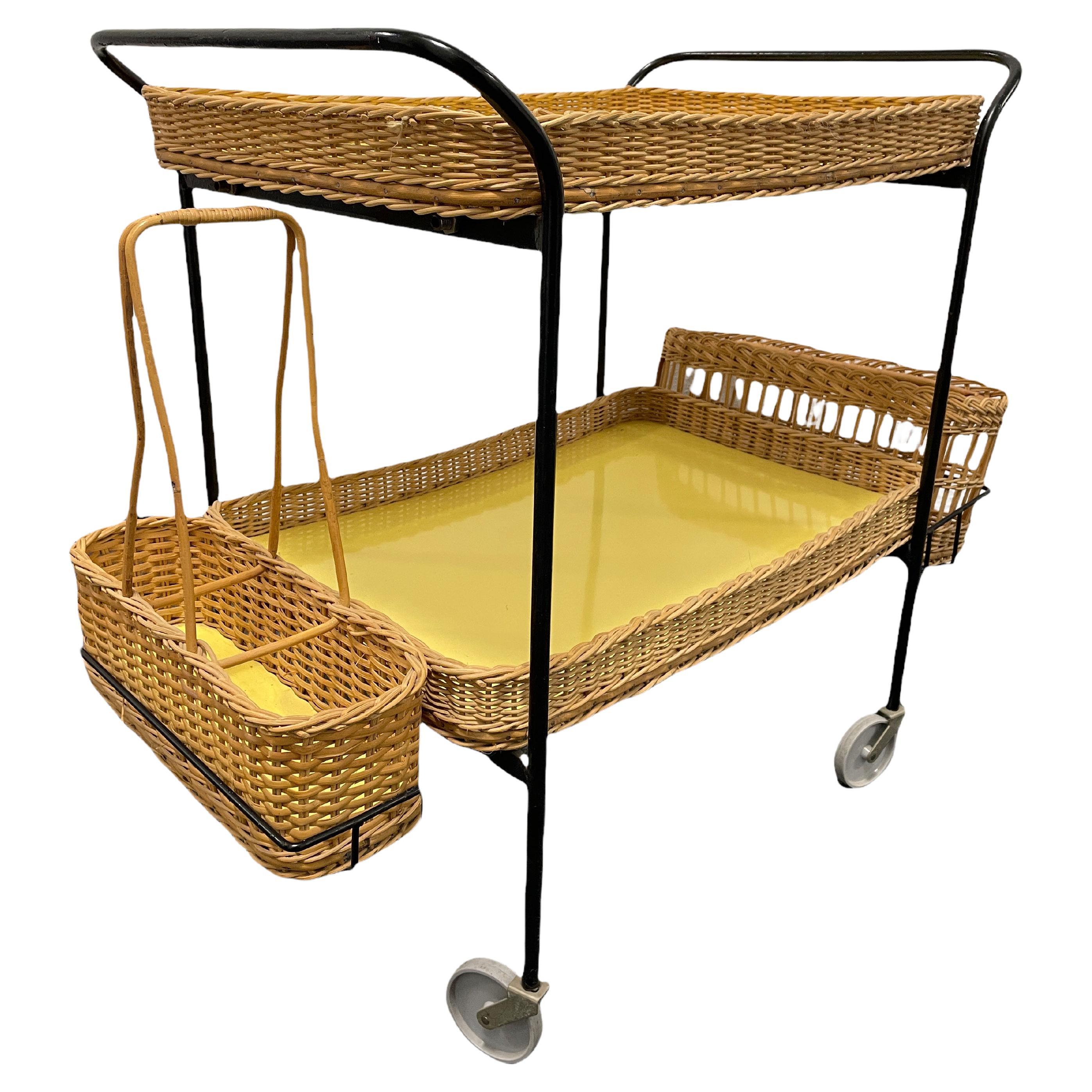 Wicker and Iron Bar Cart or Tea Trolley Table, German, 1950s For Sale