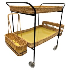 Wicker and Iron Bar Cart or Tea Trolley Table, German, 1950s