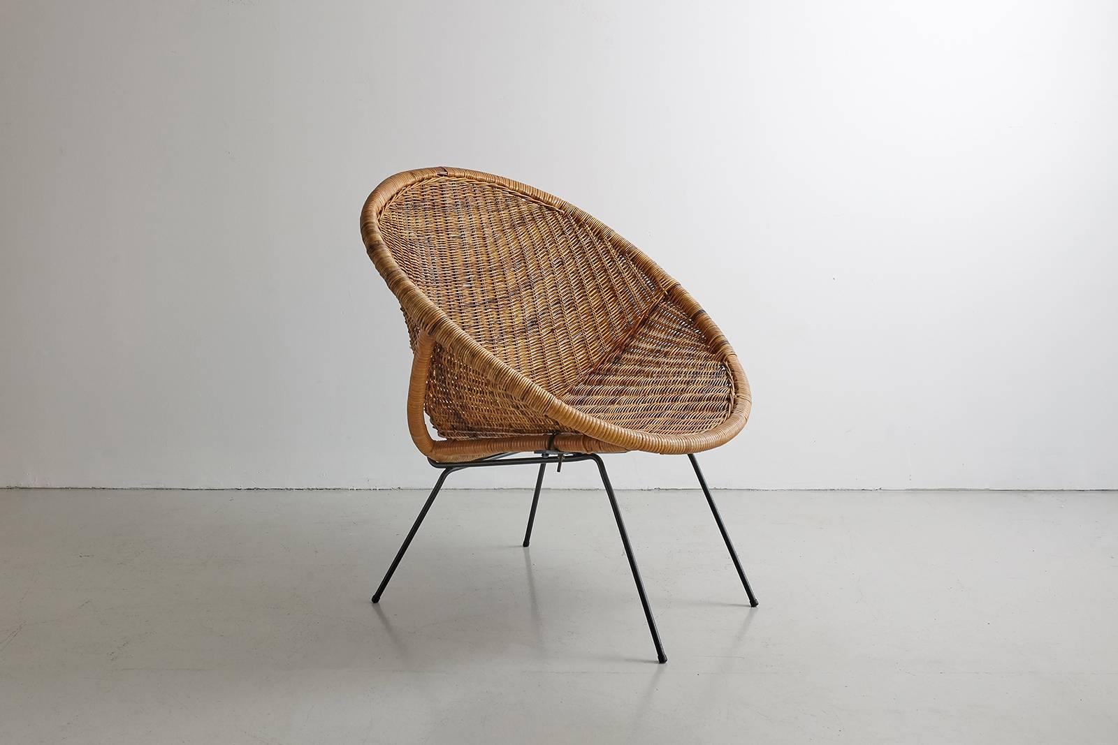 Mid-20th Century Wicker and Iron Bucket Chair