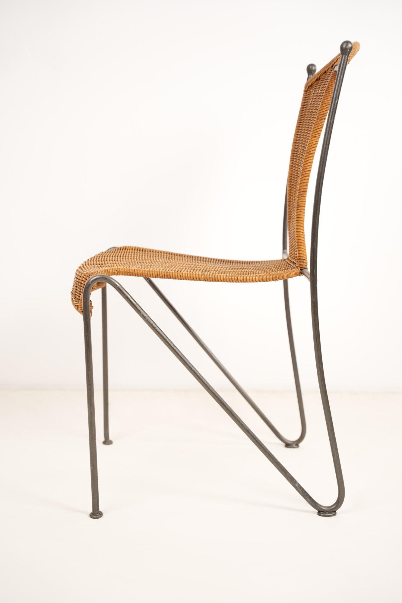 Mid-Century Modern Wicker and Iron Chair By Frederic Weinberg 1950s For Sale