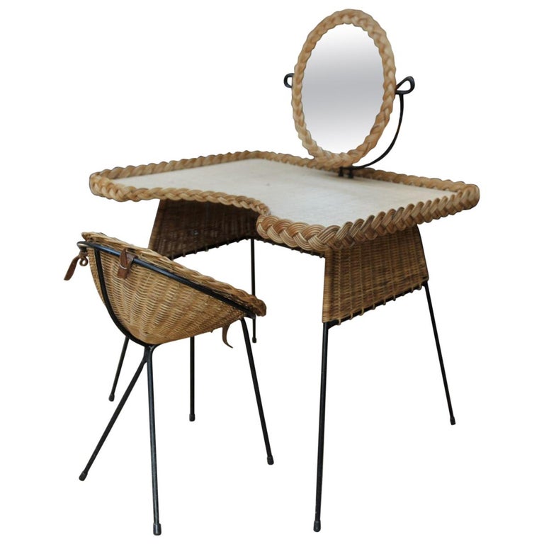 Wicker and Iron Dressing Table with Swiveling Mirror and His Chair