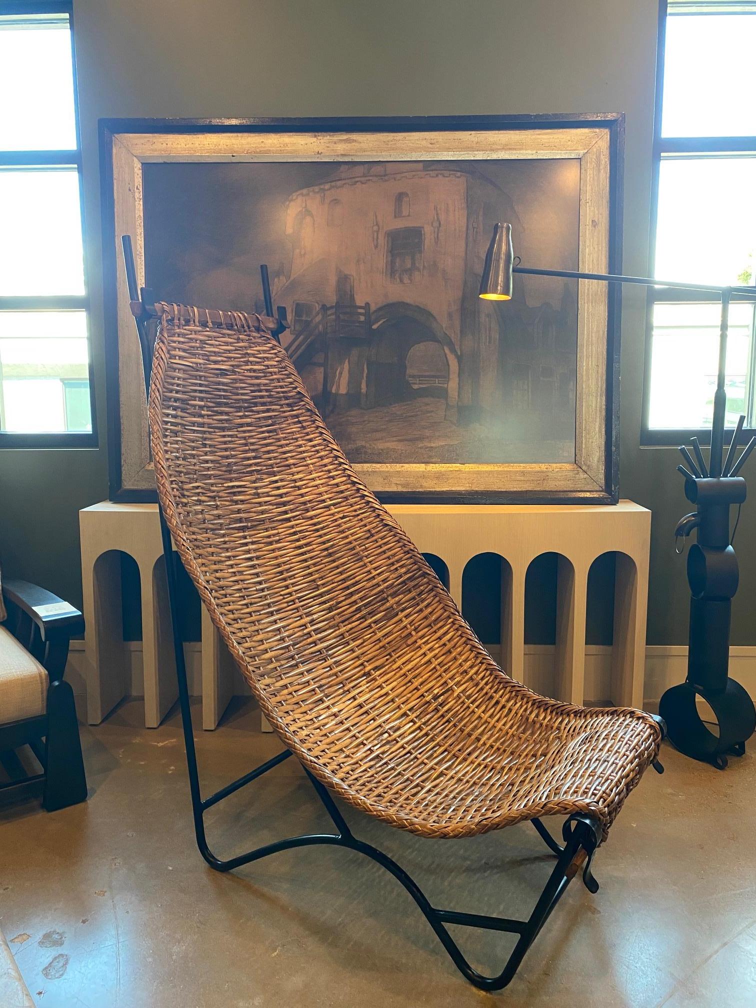 Mid-Century Modern Wicker and Iron Highback Chair, France, 1950's For Sale