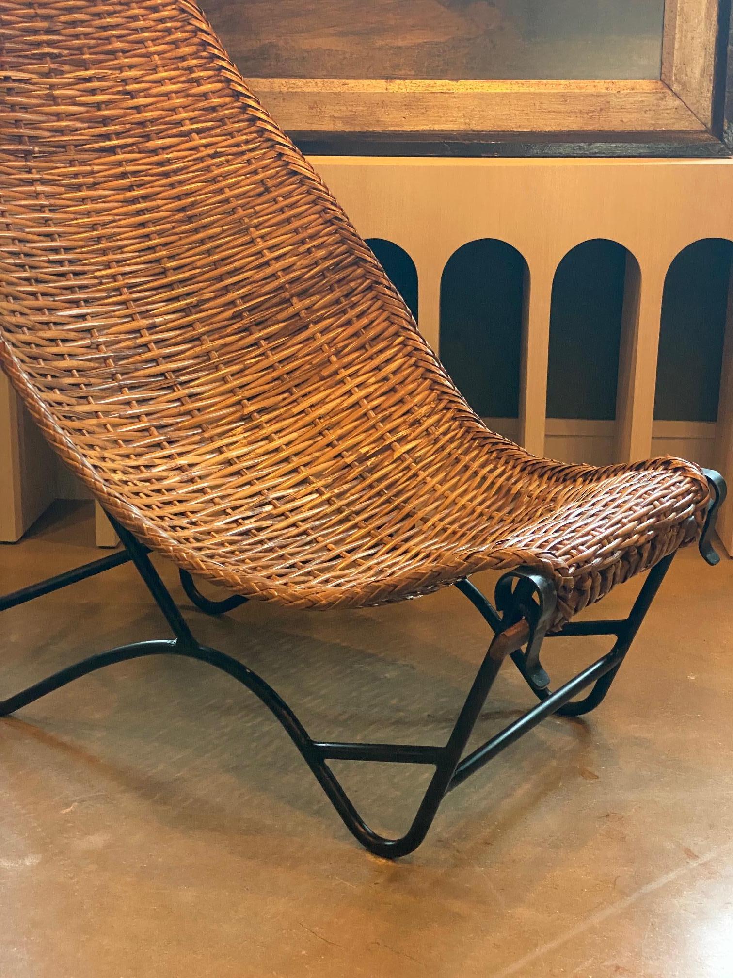 French Wicker and Iron Highback Chair, France, 1950's For Sale