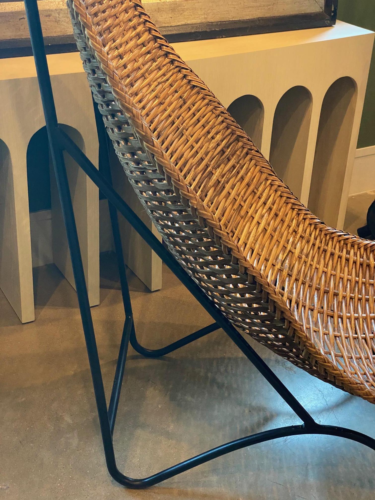 Wicker and Iron Highback Chair, France, 1950's In Good Condition For Sale In Austin, TX