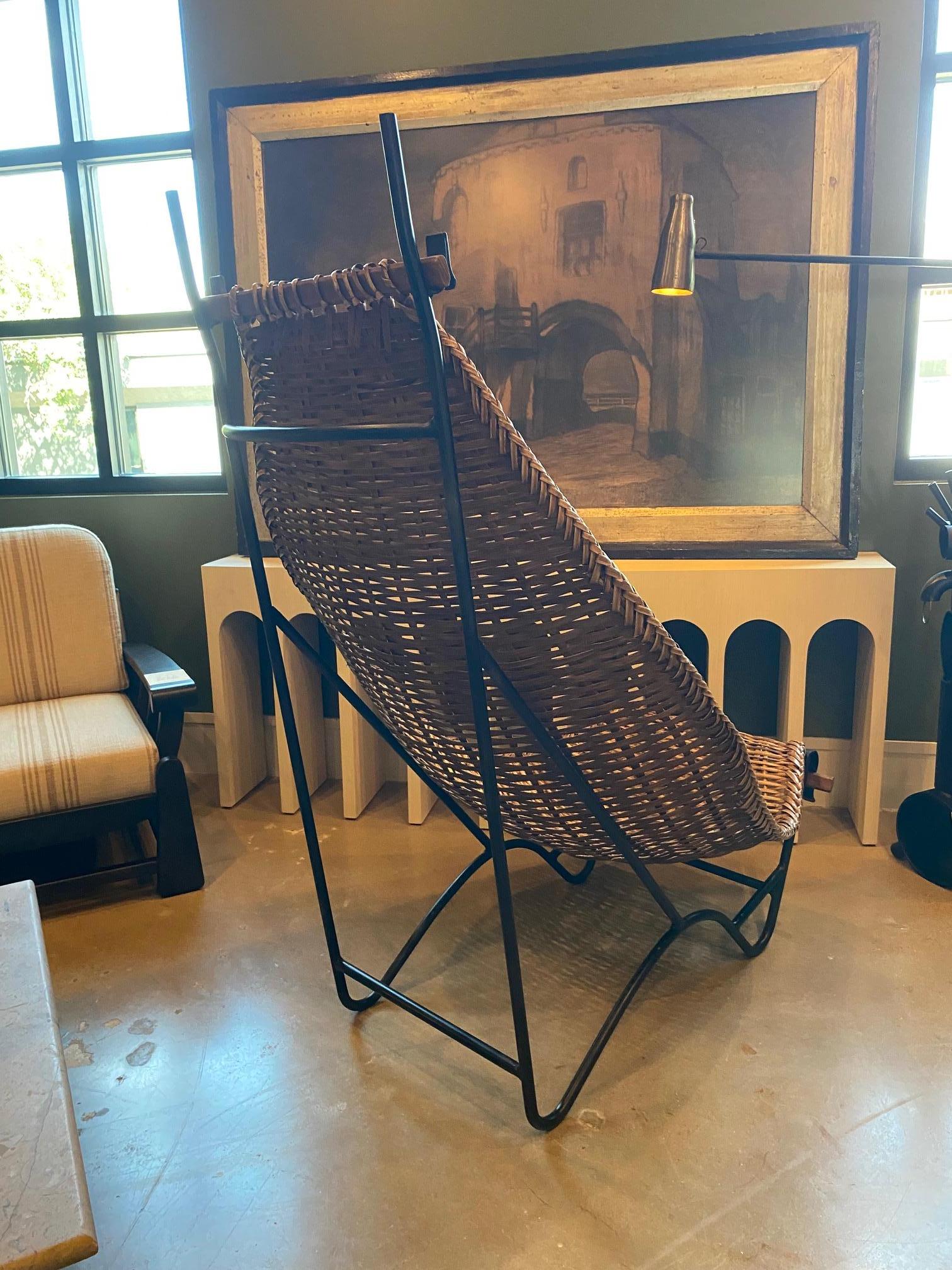 Wicker and Iron Highback Chair, France, 1950's For Sale 1