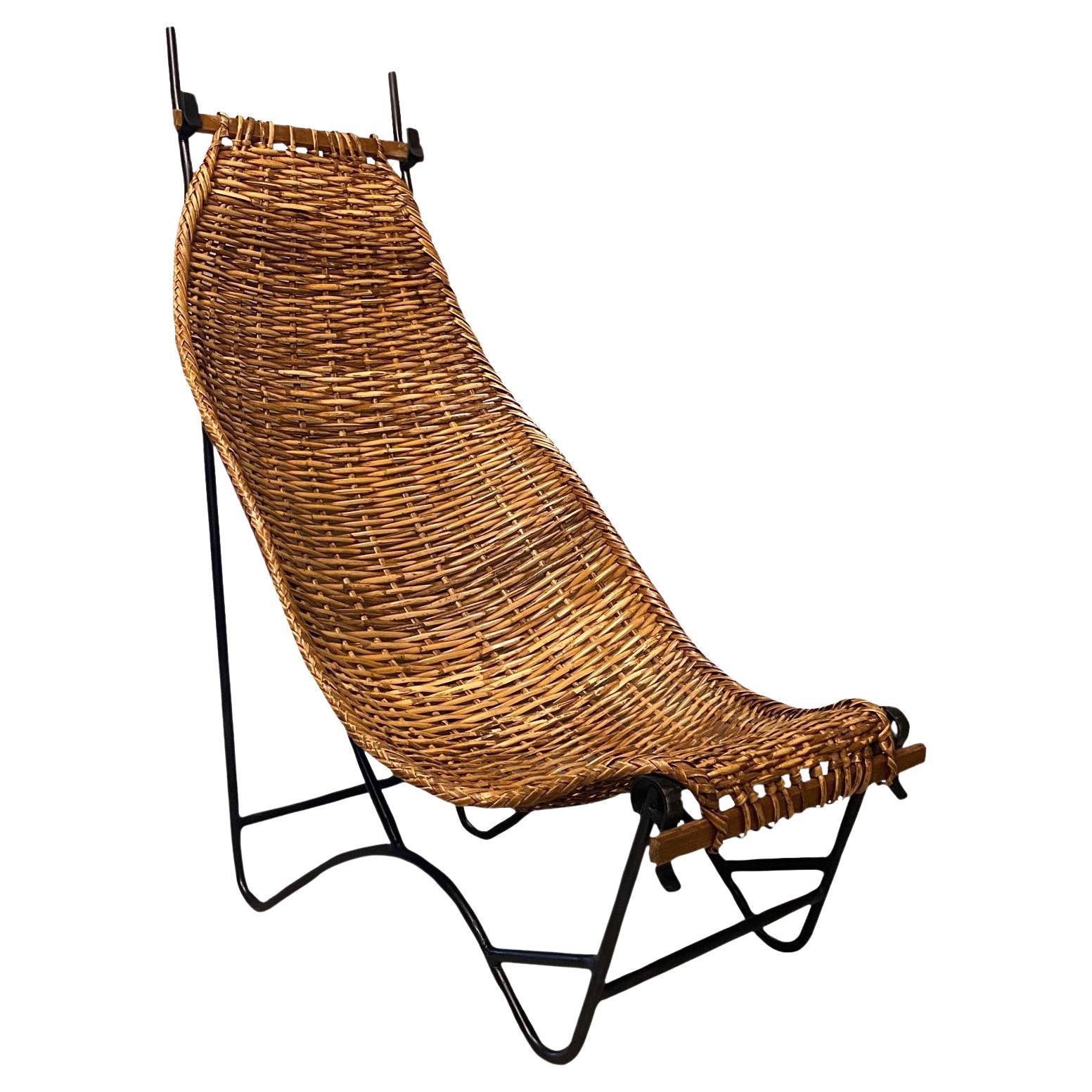 Wicker and Iron Highback Chair, France, 1950's For Sale