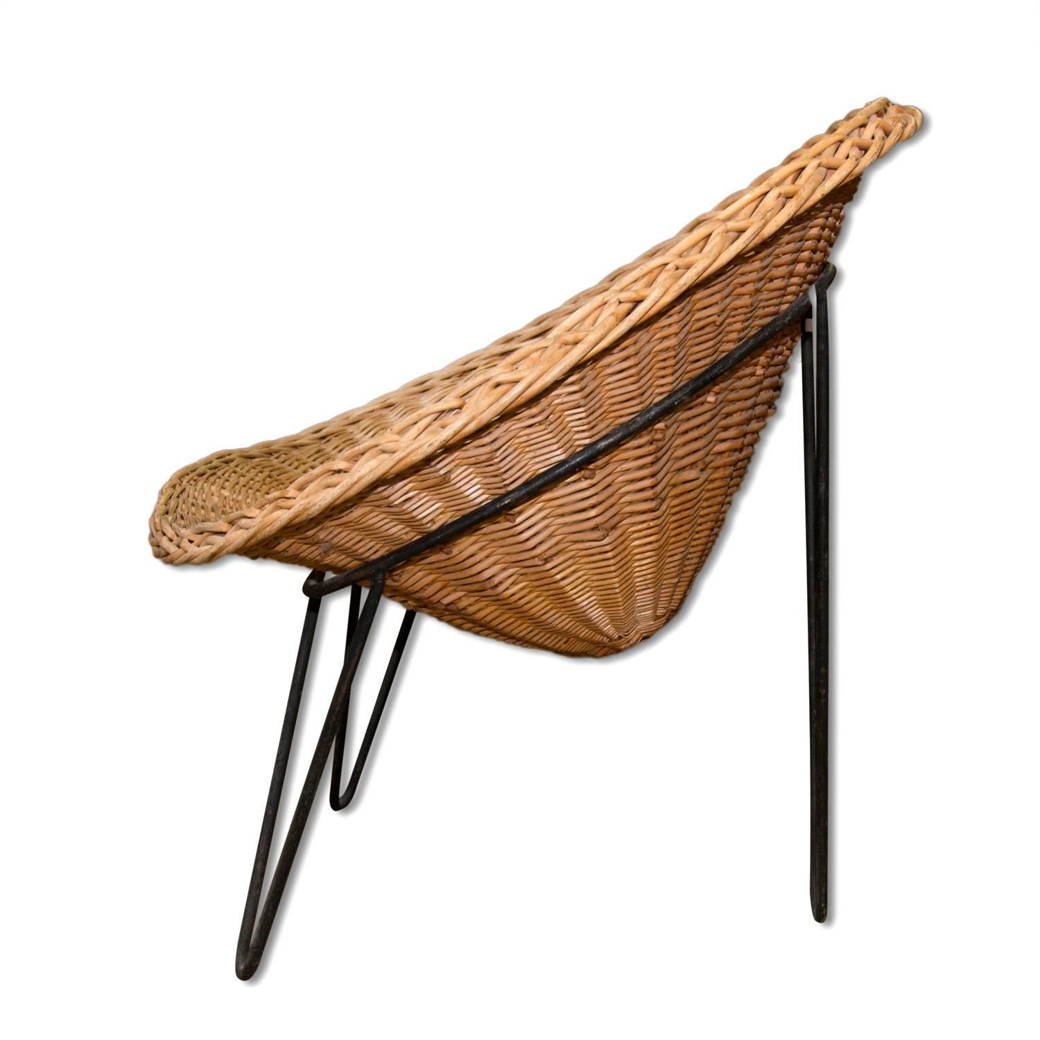 Wicker and Iron Lounge Chair, France, Midcentury, 1950s 1