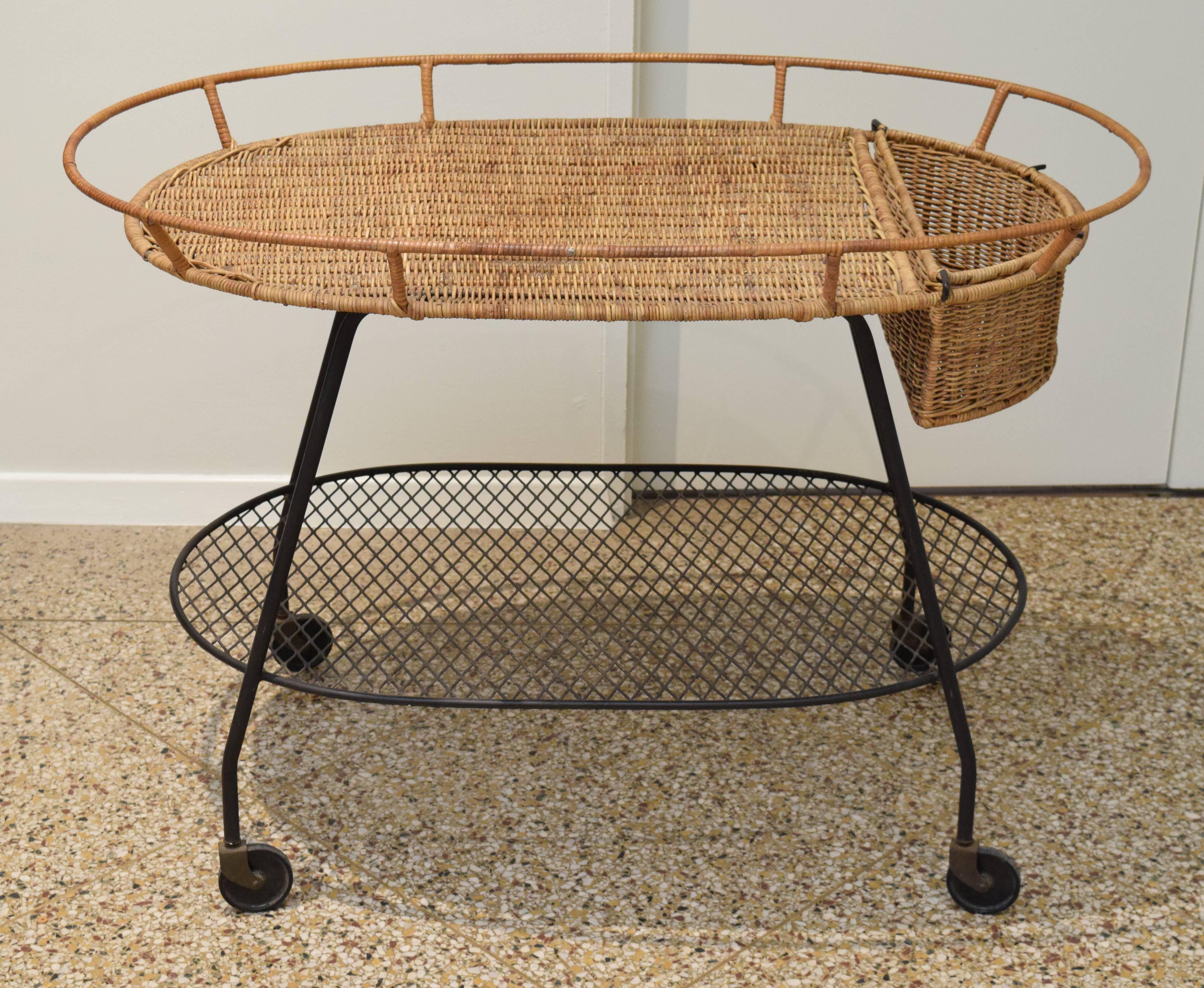 Wicker and Iron Serving Cart by Maurizio Tempestini for Salterini 4