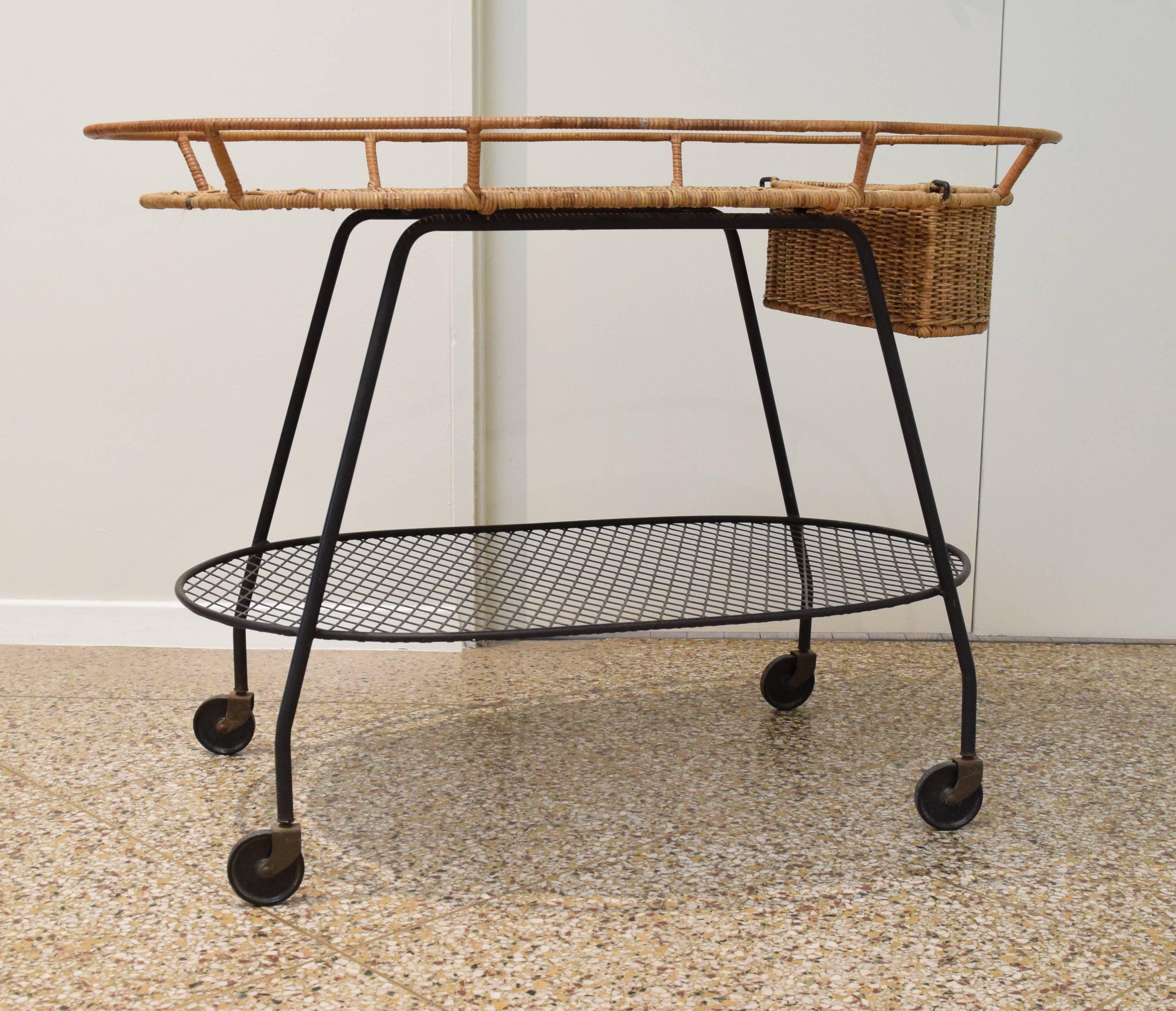 American Wicker and Iron Serving Cart by Maurizio Tempestini for Salterini
