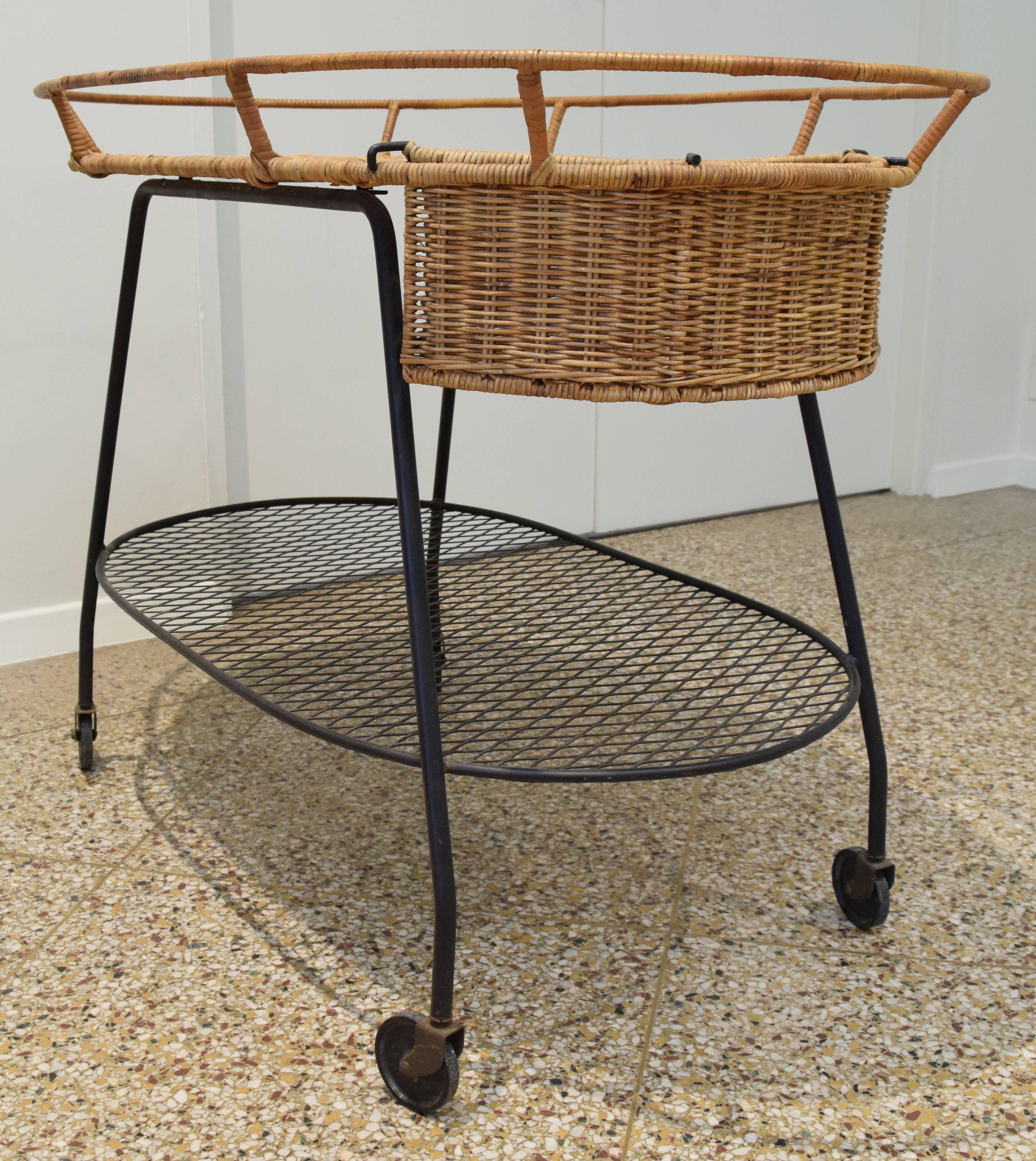 Wicker and Iron Serving Cart by Maurizio Tempestini for Salterini 1