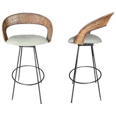 Wicker and Iron Swivel Barstools by Arthur Umanoff, Set of Two Wicker and Iron Swivel Barstools by Arthur Umanoff, Set of Two