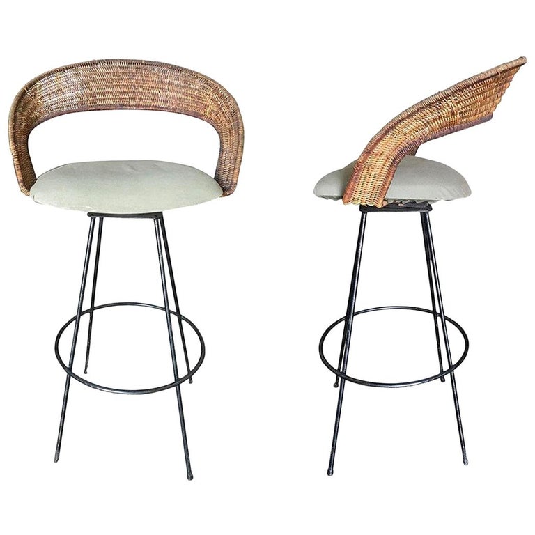 Wicker And Iron Swivel Barstools By Arthur Umanoff Set Of Two Wicker And Iron Swivel Barstools By Arthur Umanoff Set Of Two