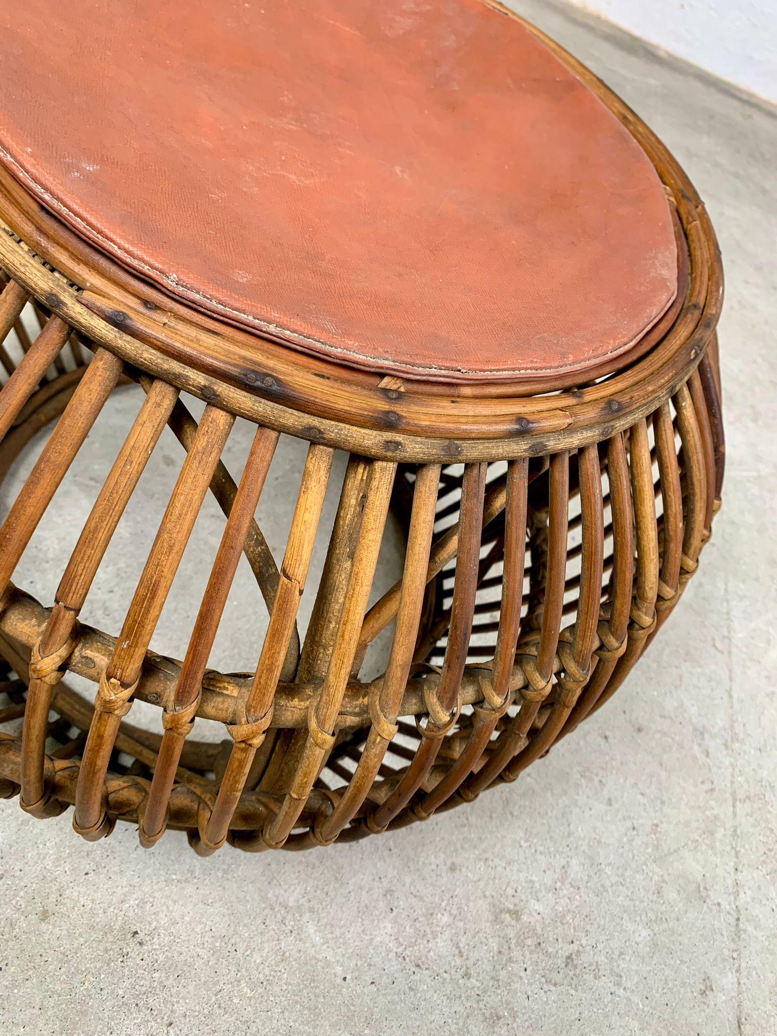 Italian Wicker and leather pouf, 1970s, Italy en vente