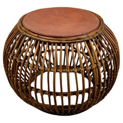 Wicker and leather pouf, 1970s, Italy