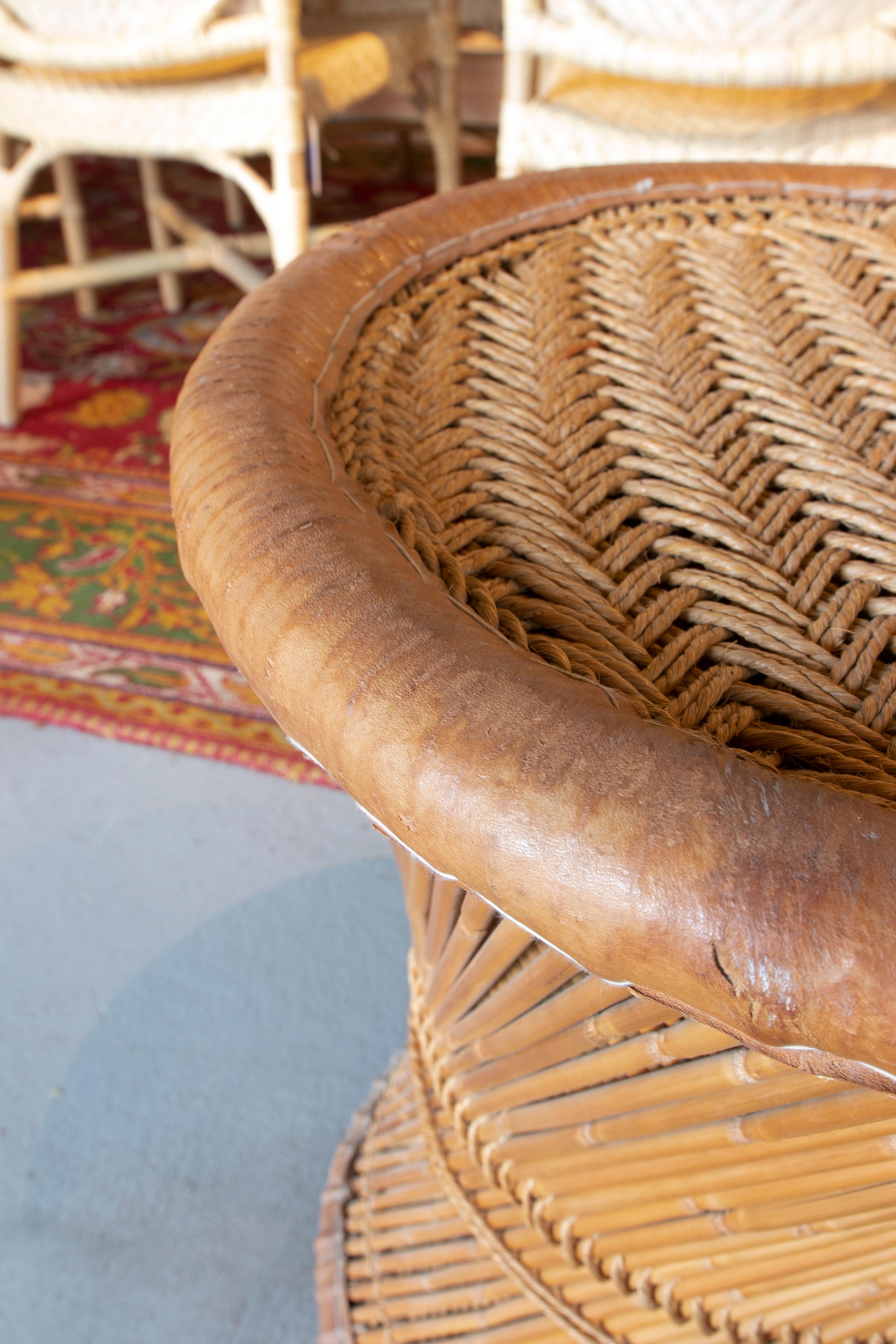 Wicker and Leather Stool  Handmade with Round Shape 7