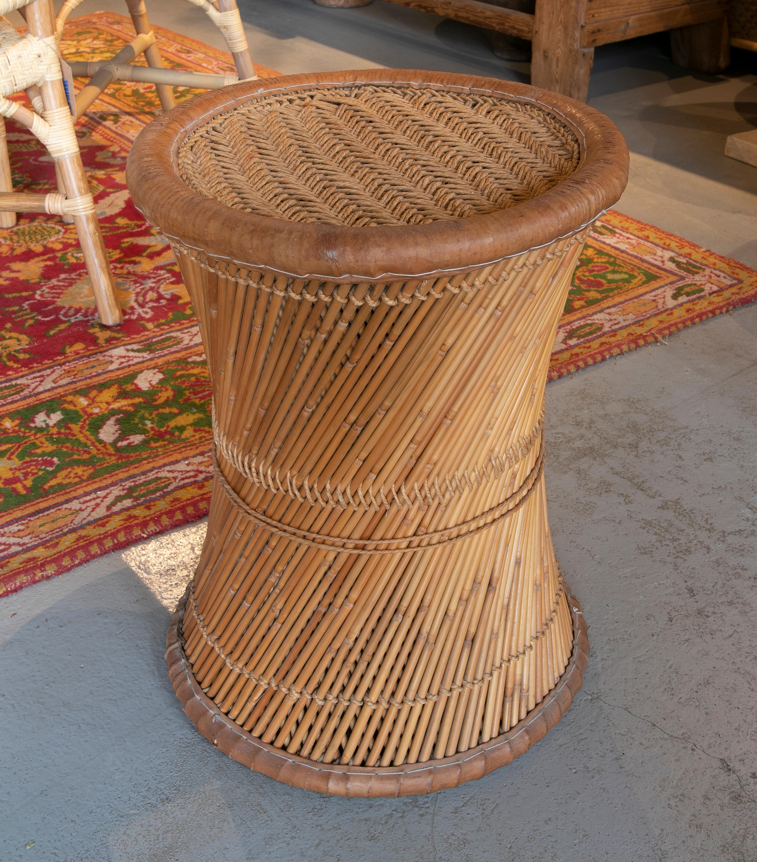 Wicker and leather stool handmade with round shape