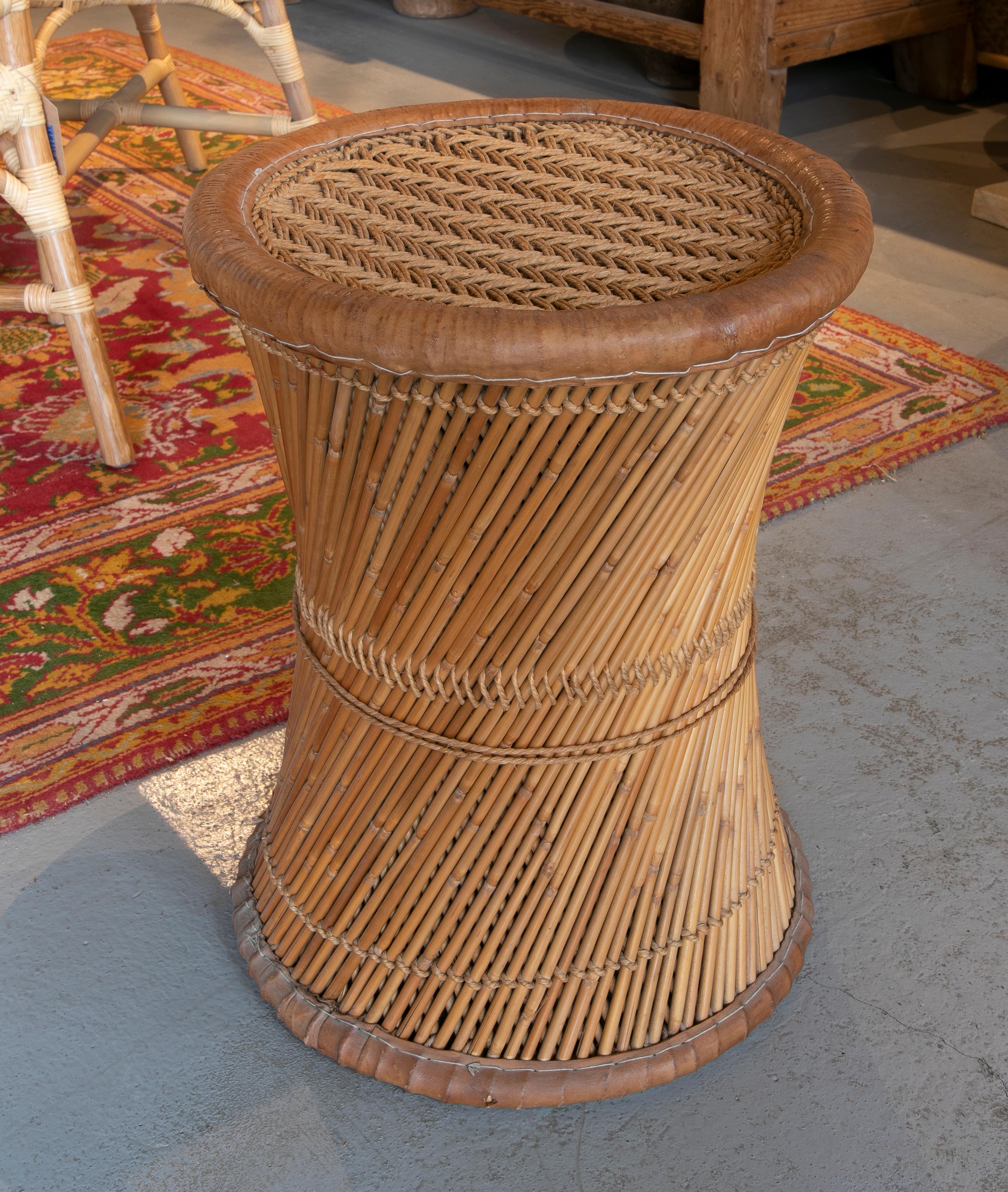 Spanish Wicker and Leather Stool  Handmade with Round Shape
