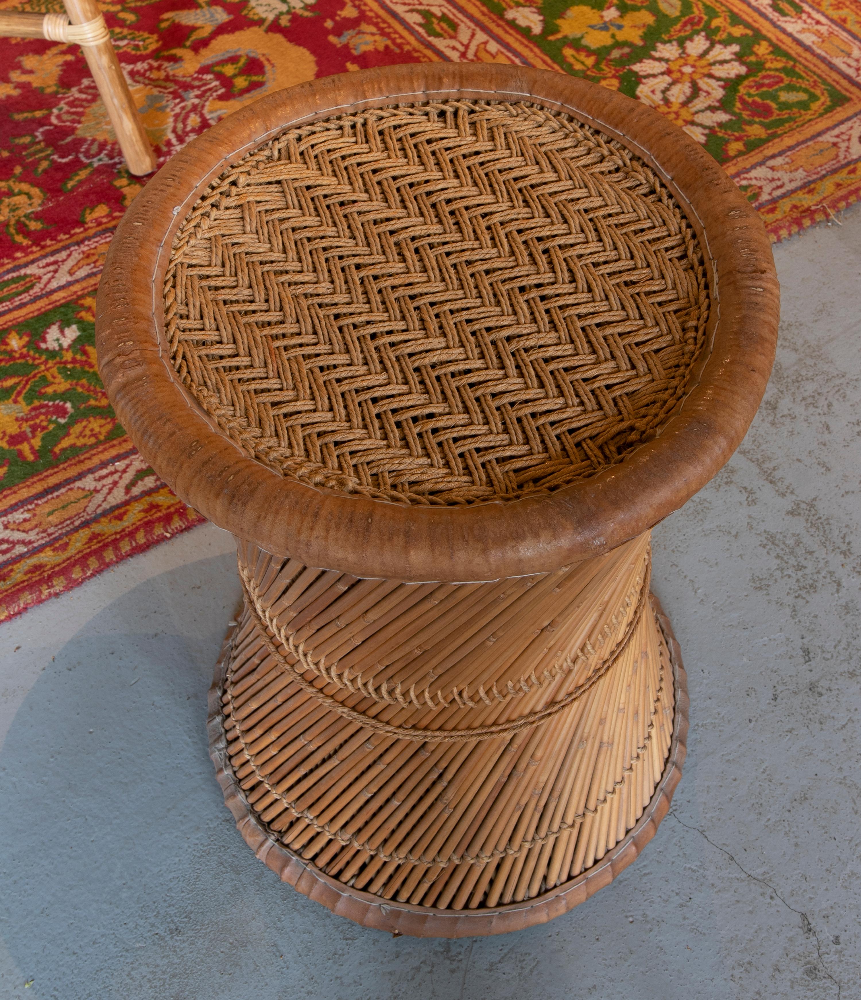 20th Century Wicker and Leather Stool  Handmade with Round Shape