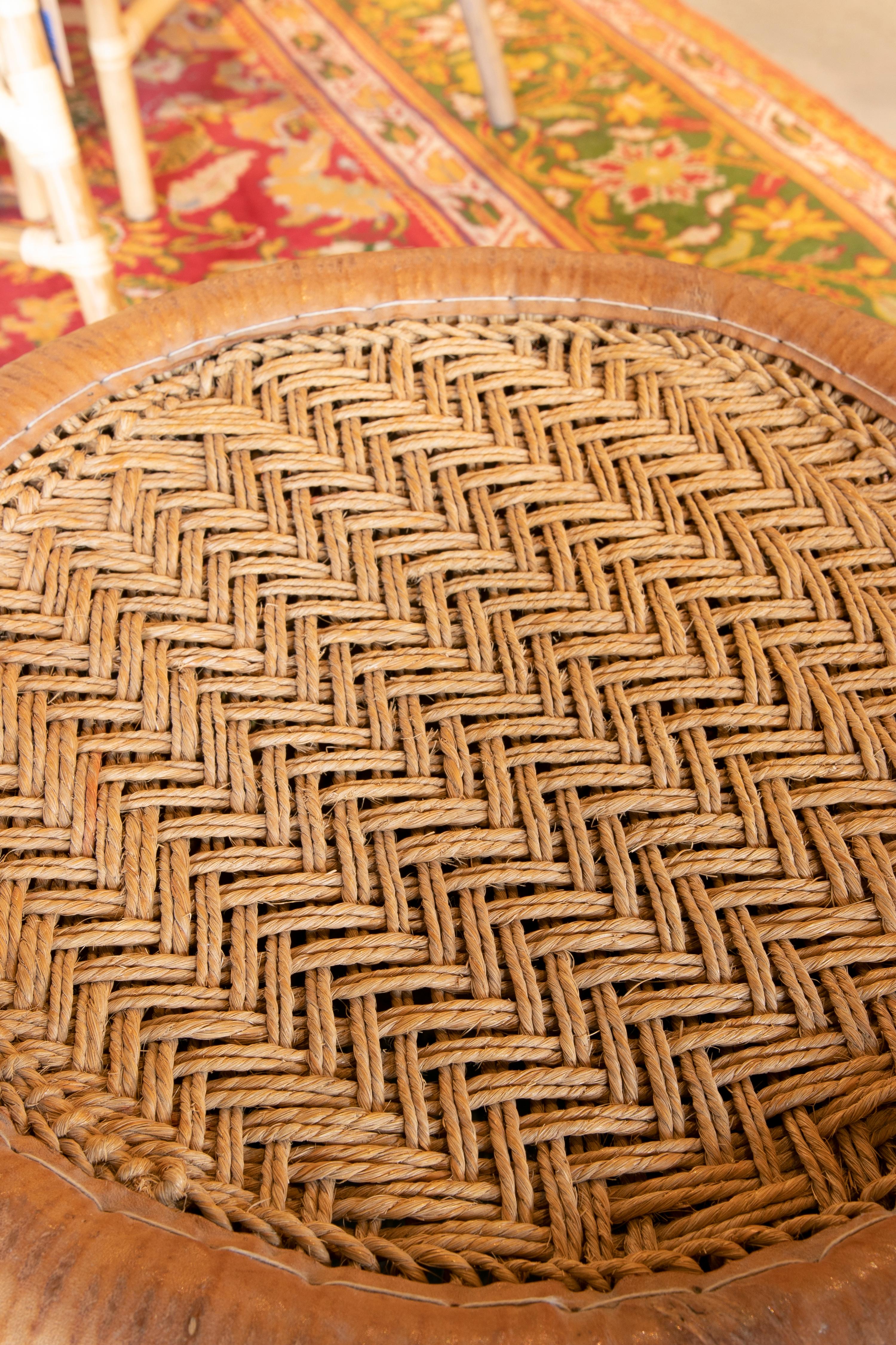 Wicker and Leather Stool  Handmade with Round Shape 1