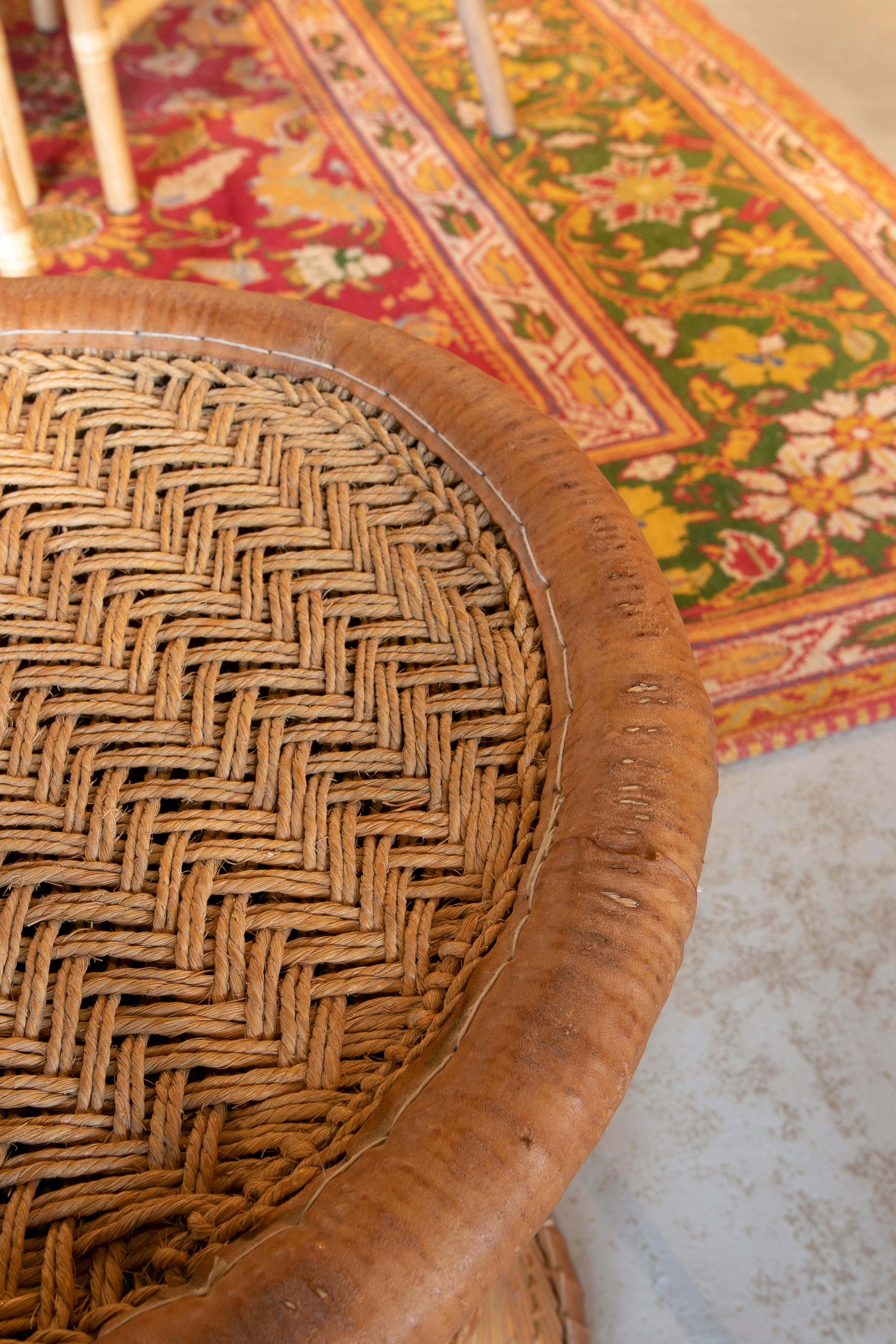 Wicker and Leather Stool  Handmade with Round Shape 2