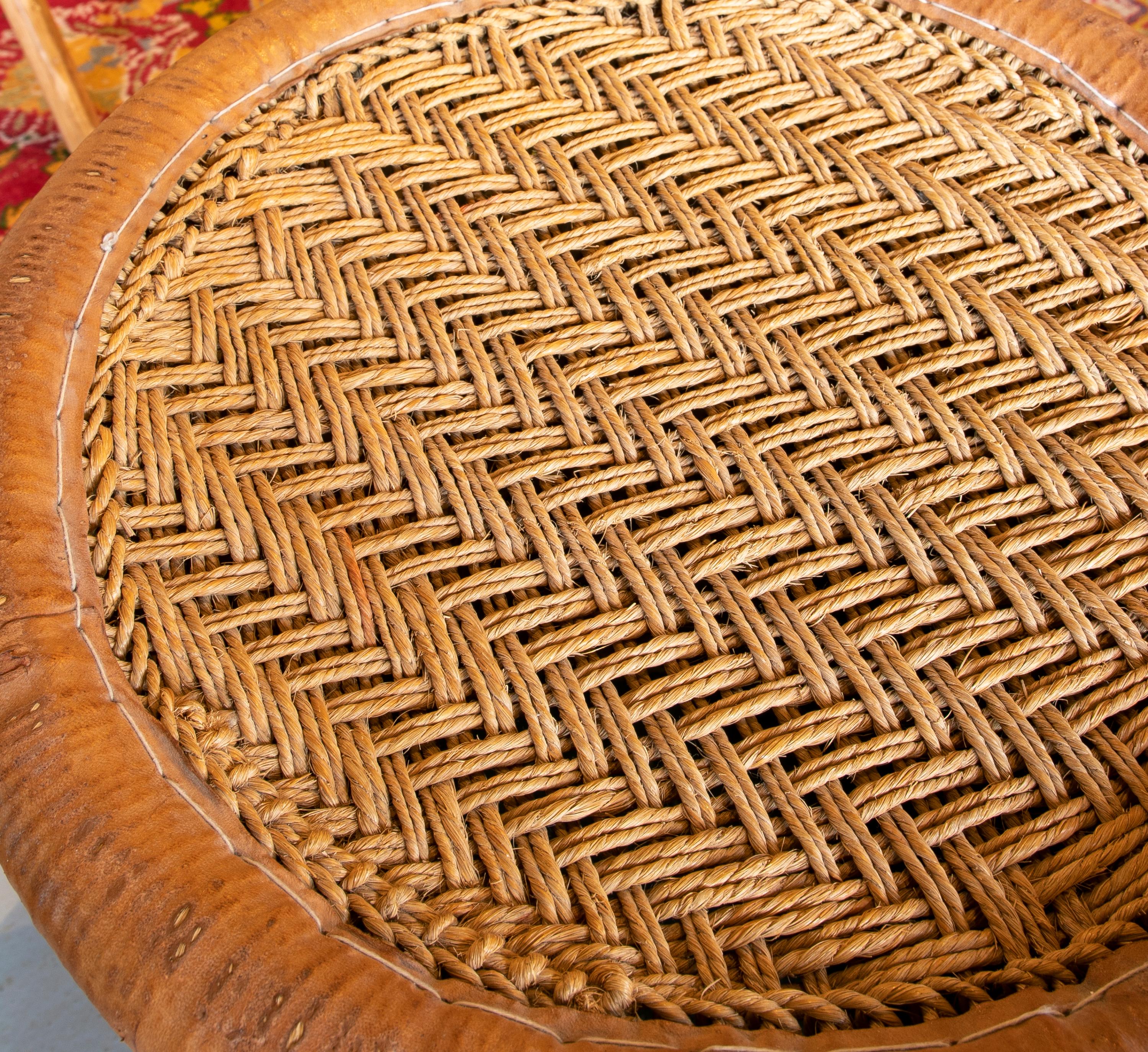 Wicker and Leather Stool  Handmade with Round Shape 3