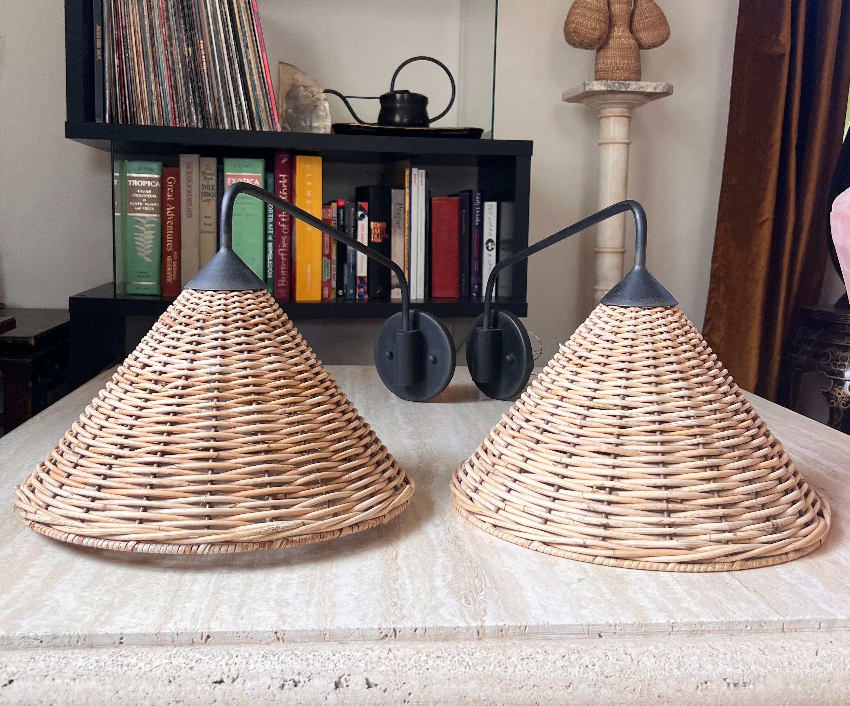 Contemporary Wicker and Metal Light Sconces by Currey and Company, a Pair, 21st Century