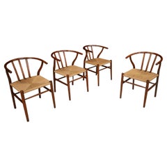Wicker and Oak Armchairs in the Style of Hans J. Wegner Wishbone Chair Denmark