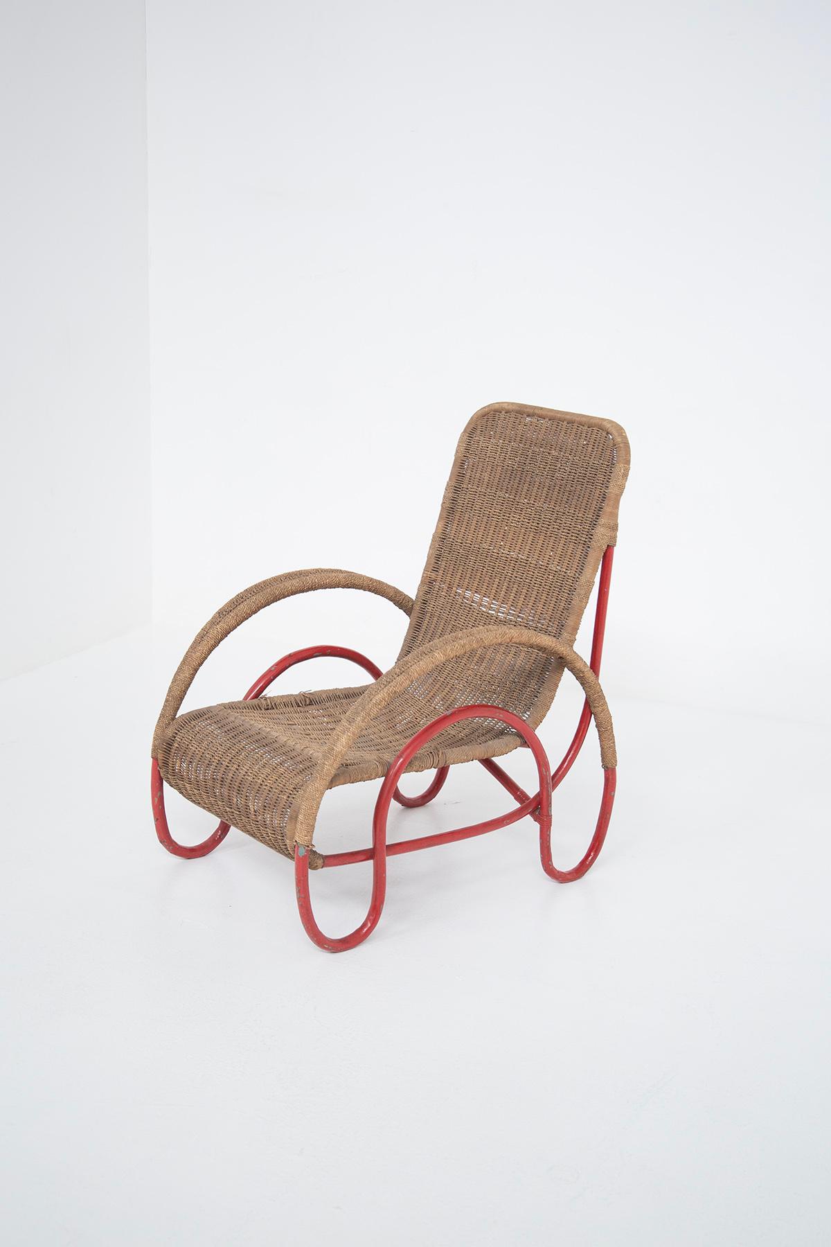 Sillón italiano de mimbre y metal pintado de estilo Bauhaus Metal en venta