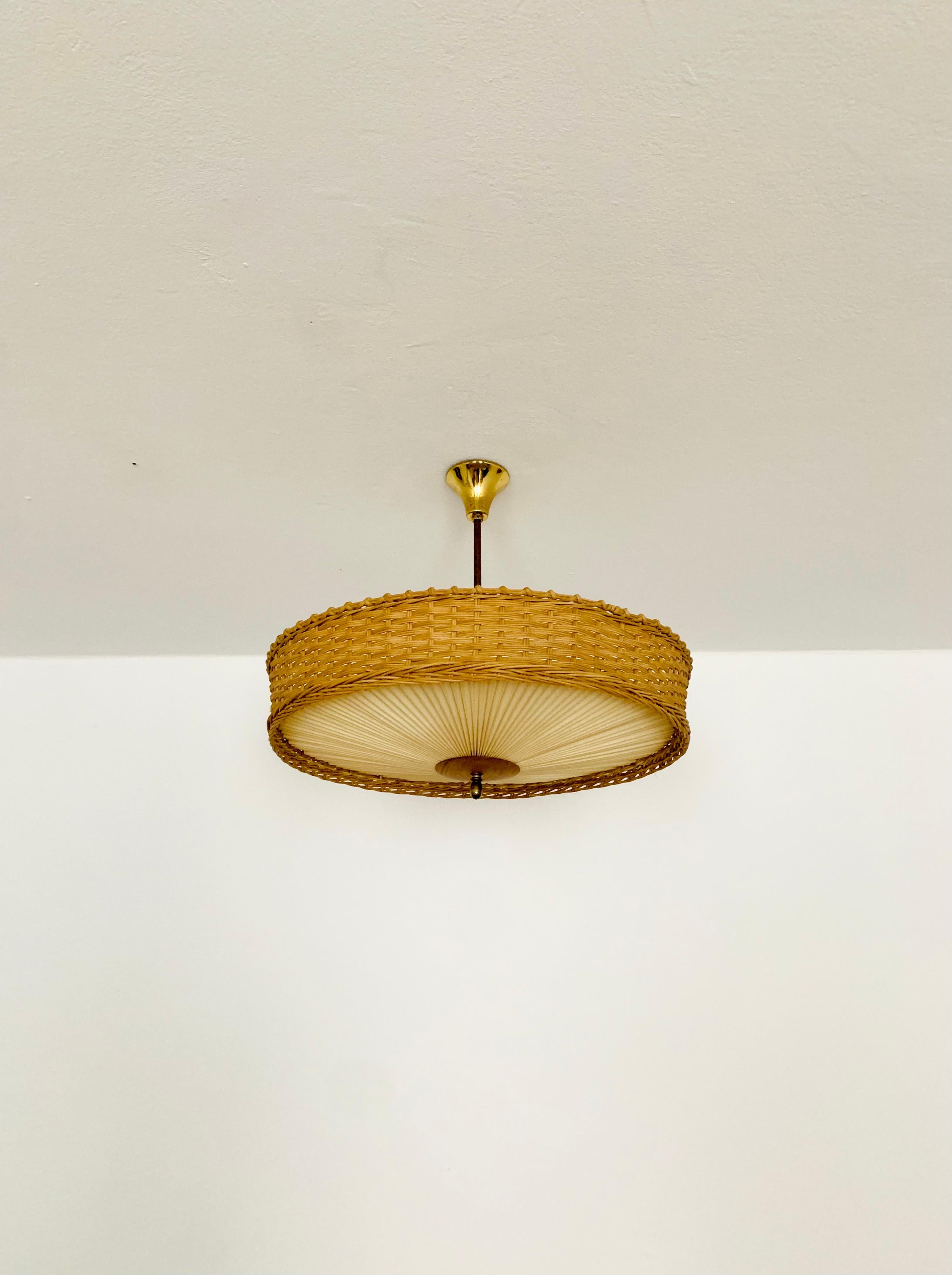Mid-Century Modern Wicker and Pleating Ceiling Lamp
