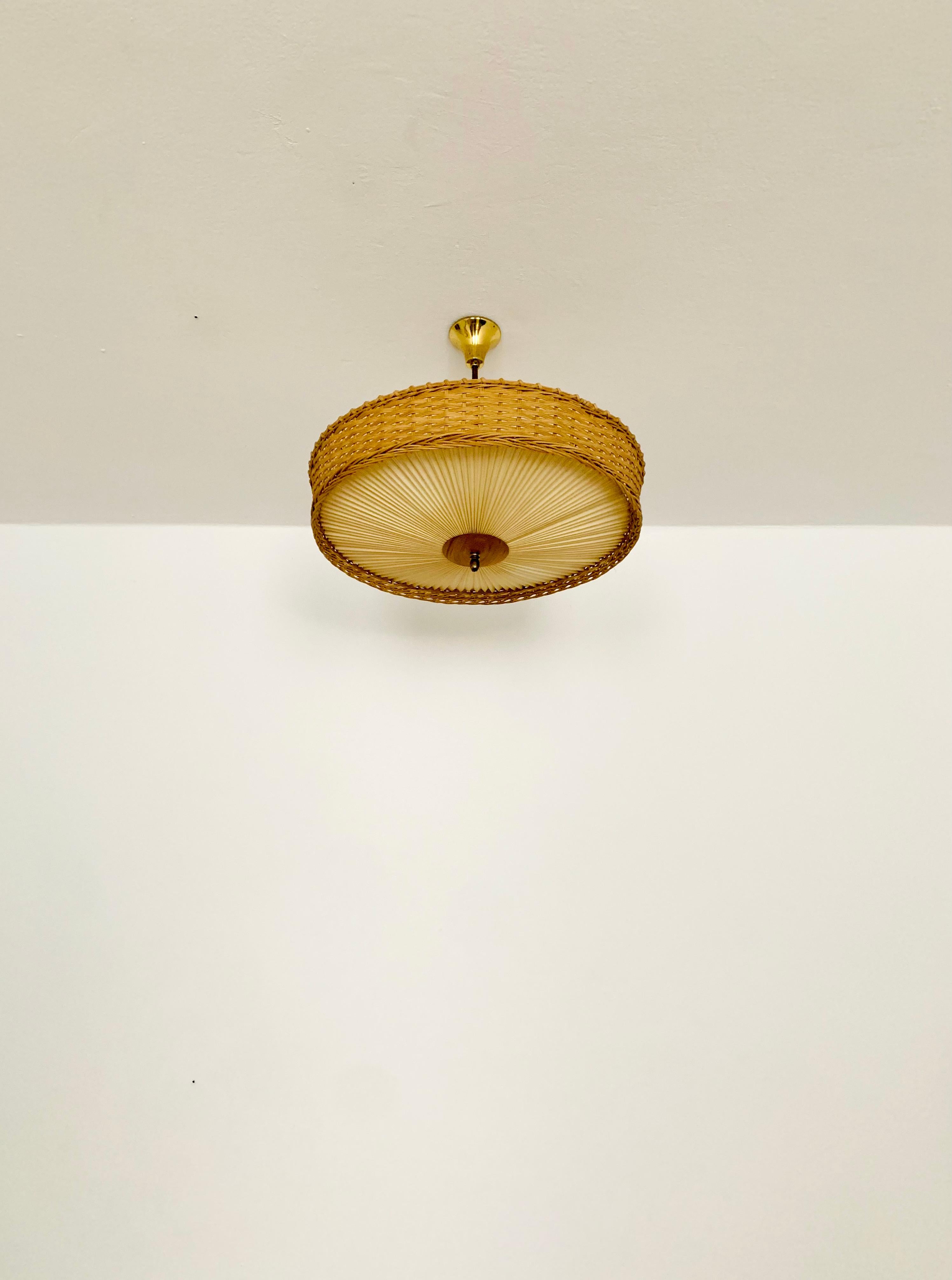 German Wicker and Pleating Ceiling Lamp