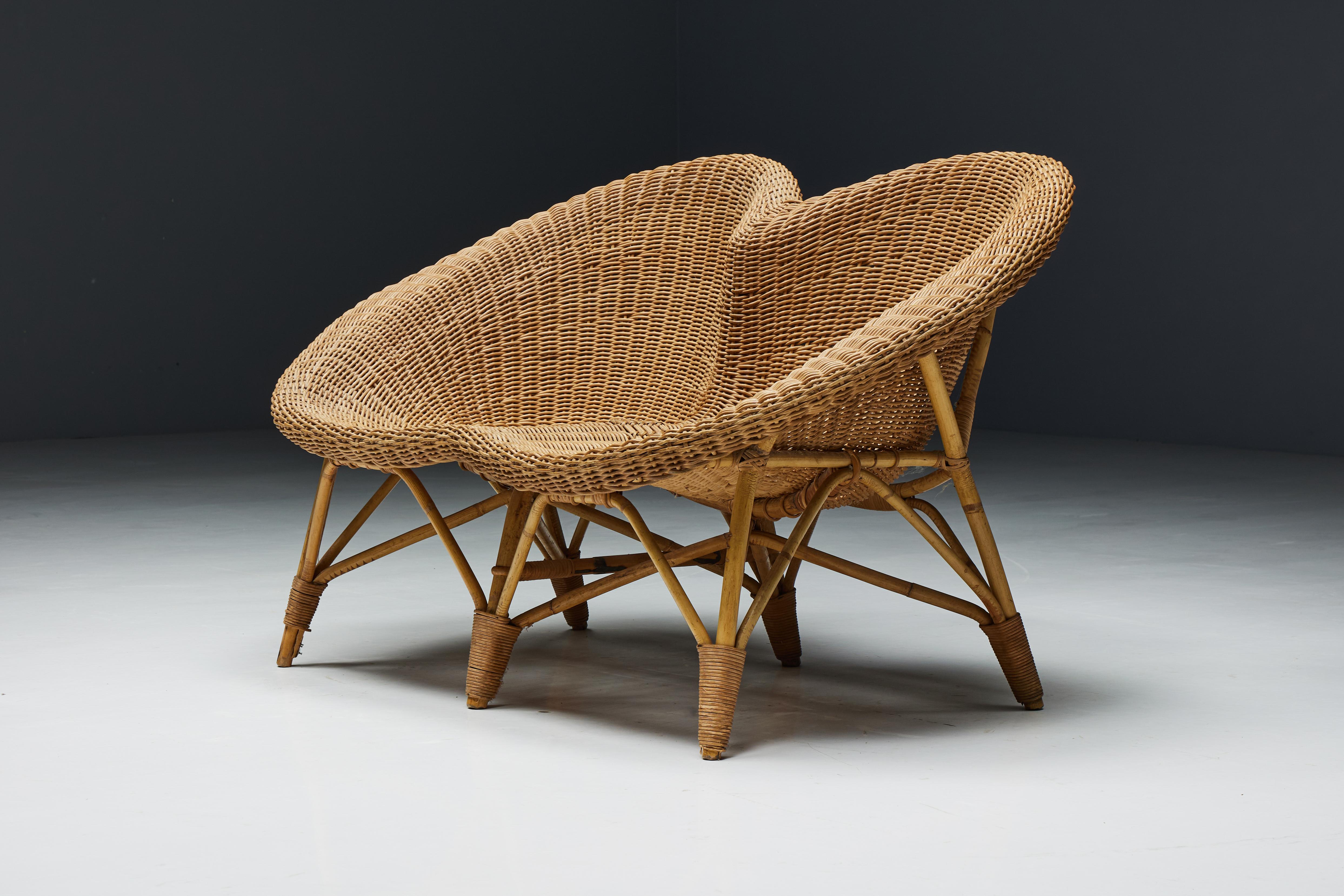Rustic Wicker and Rattan Loveseat, Italy, 1970s For Sale