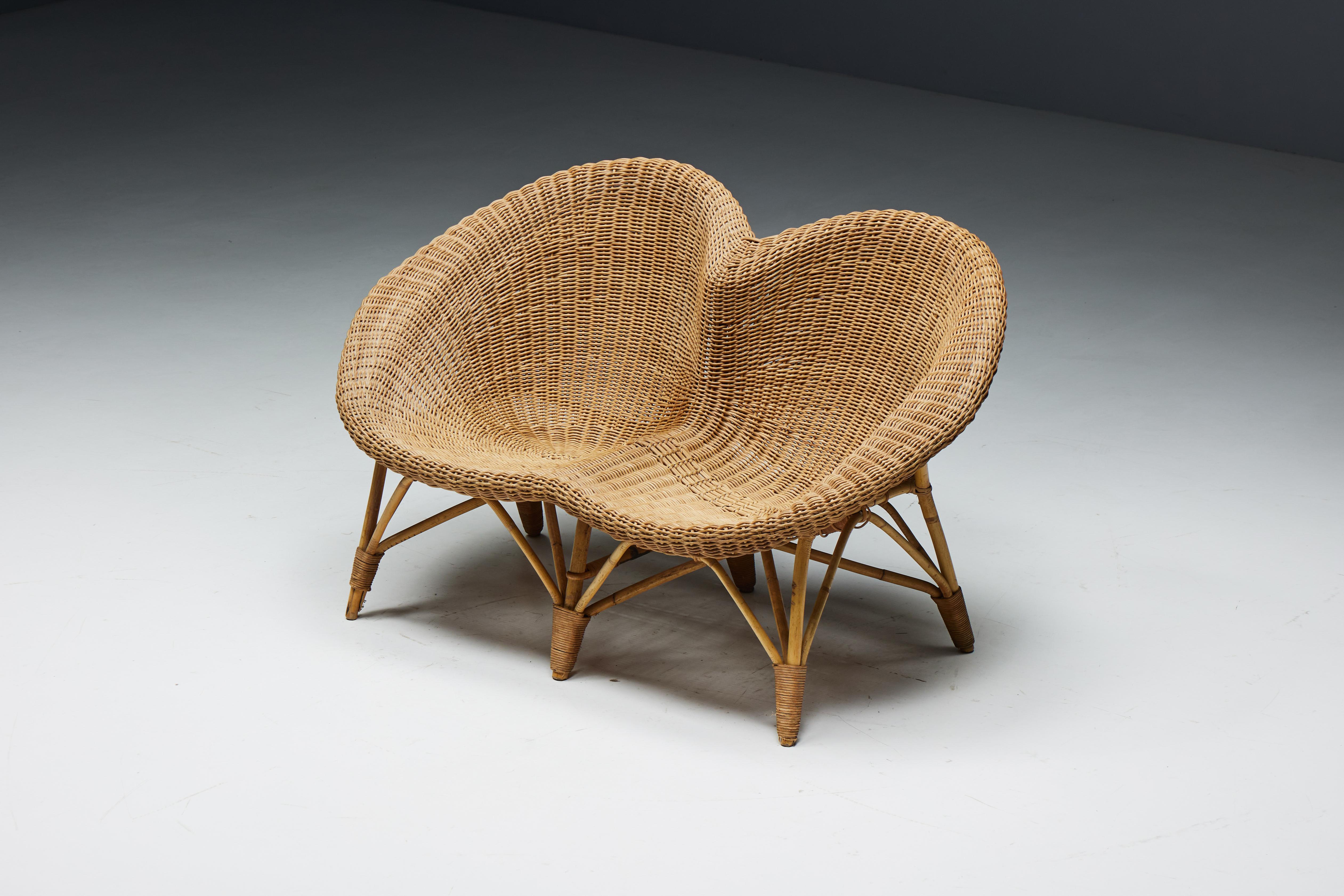 Italian Wicker and Rattan Loveseat, Italy, 1970s For Sale