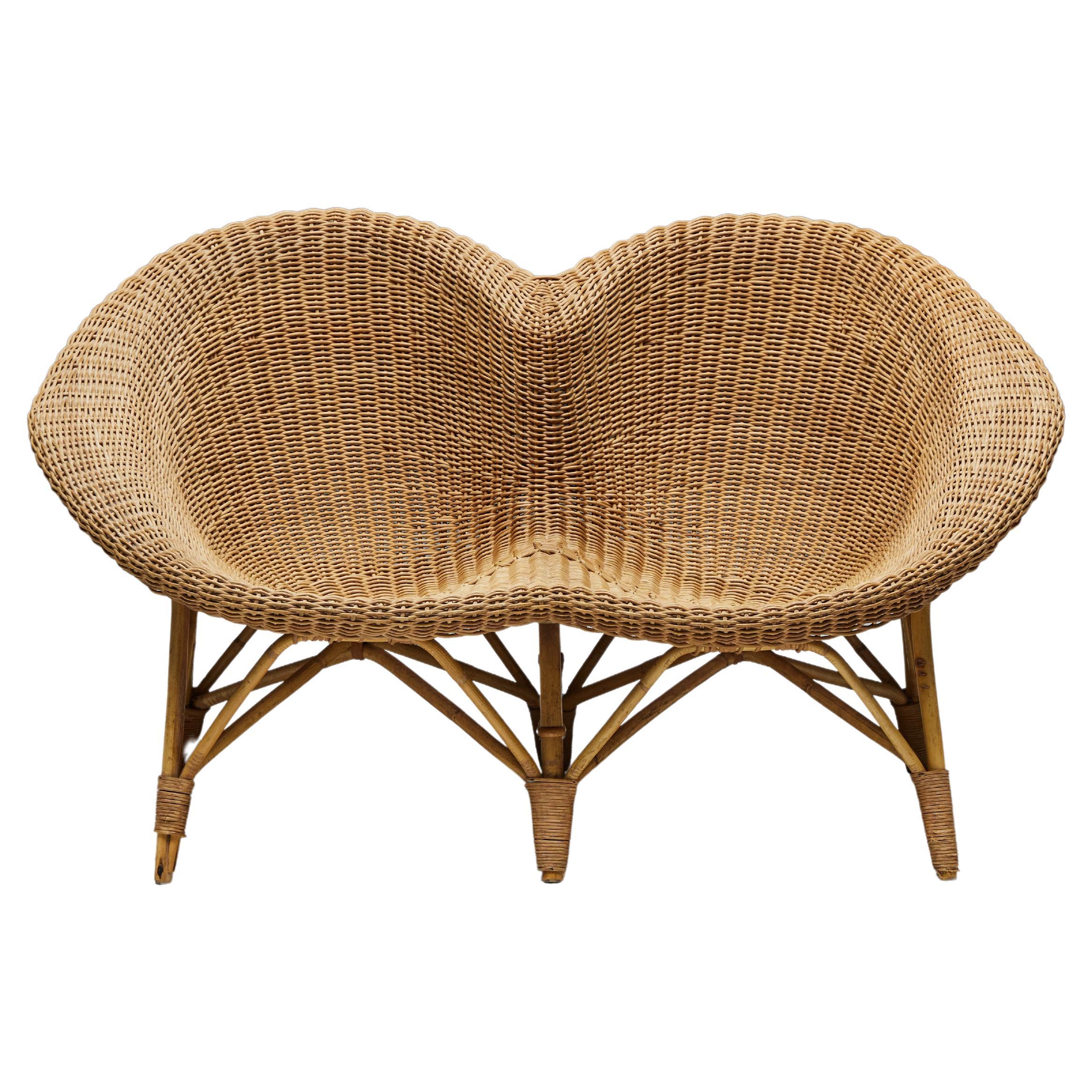 Wicker and Rattan Loveseat, Italy, 1970s For Sale