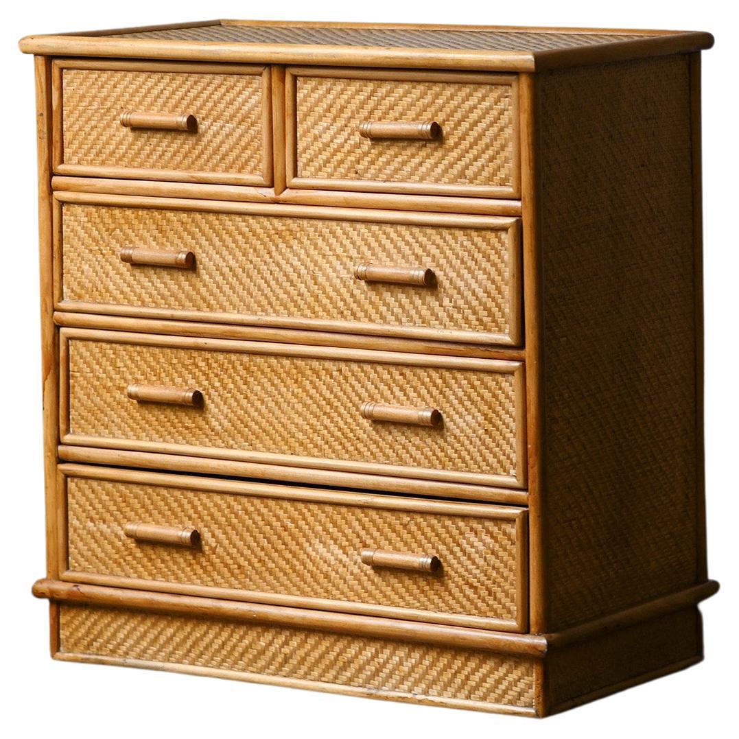 Wicker and rush chest of drawers, 1980 For Sale