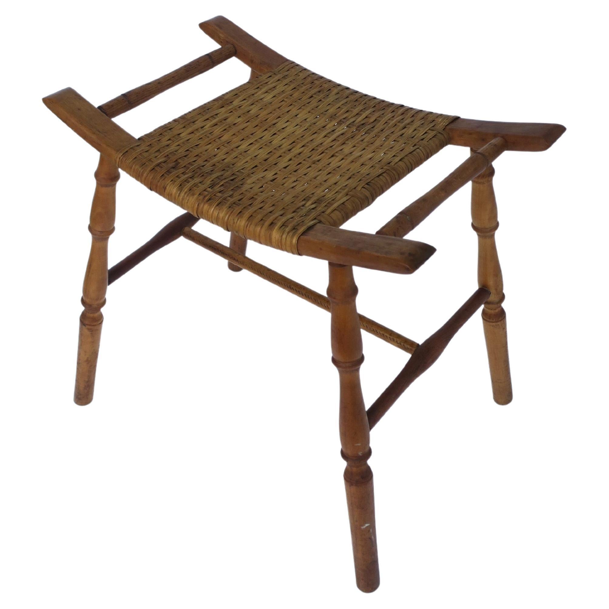 Wicker and Turned Oak Wood Stool For Sale