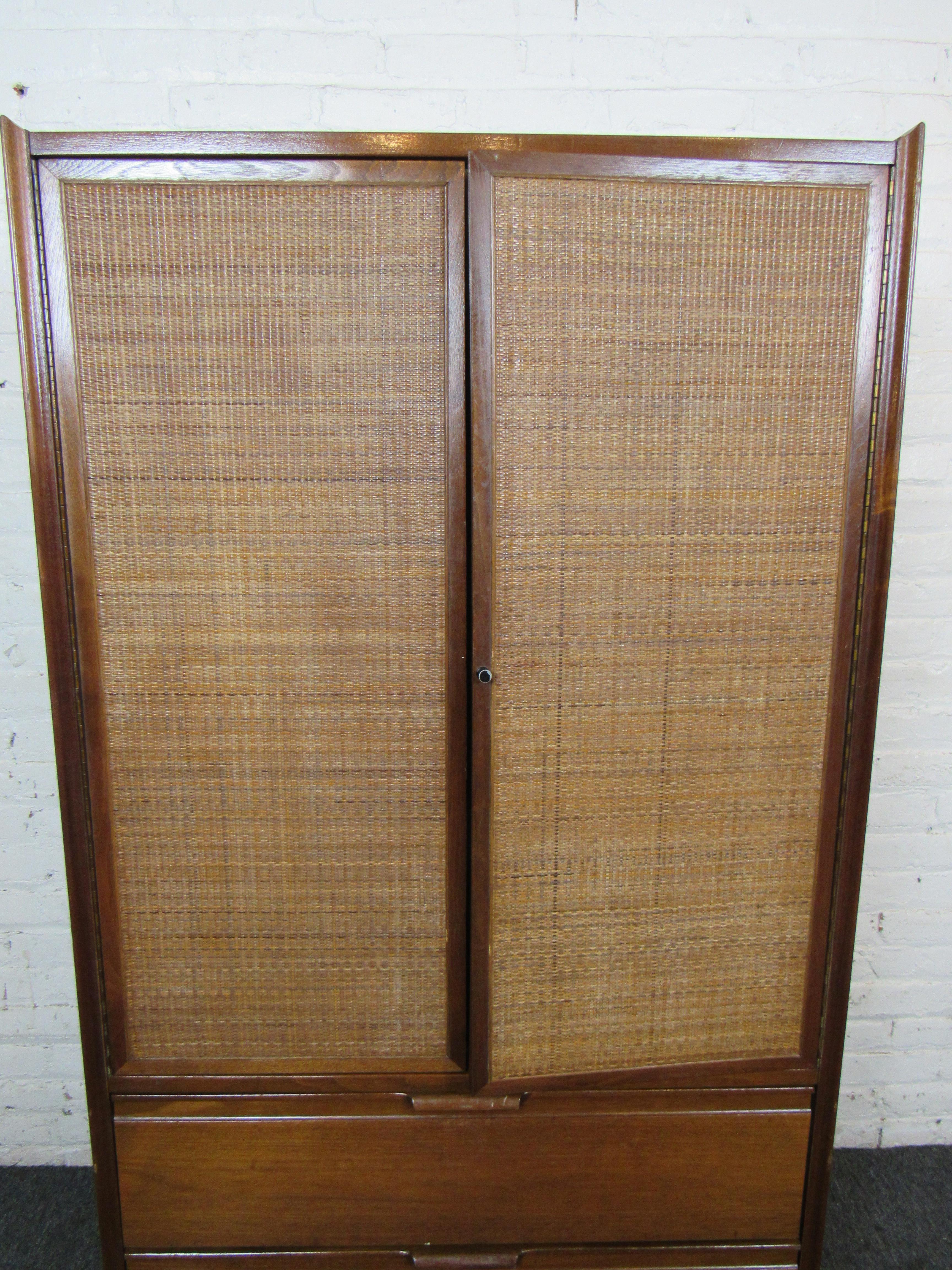 Mid-Century Modern Wicker and Walnut Armoire by American of Martinsville
