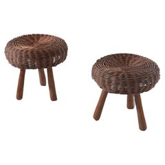 Vintage Wicker and Wood Couple Stools by Tony Paul