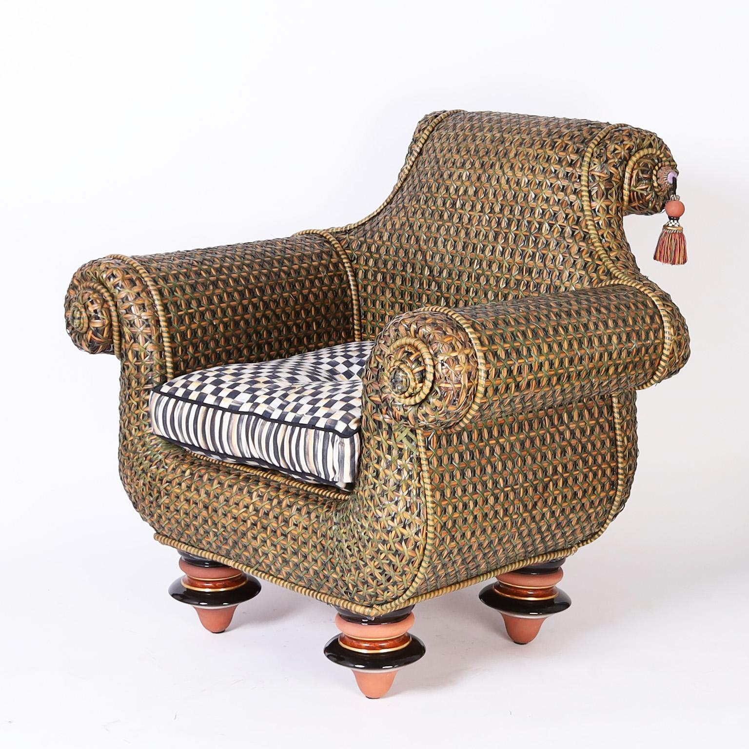 Armchair and ottoman with an eccentric mix of materials and ideas crafted in wicker or reed in a bold exaggerated, yet comfortable form, featuring an ambitious multi color weave pattern highlighted with piping, tassels, with ceramic bulbs and terra