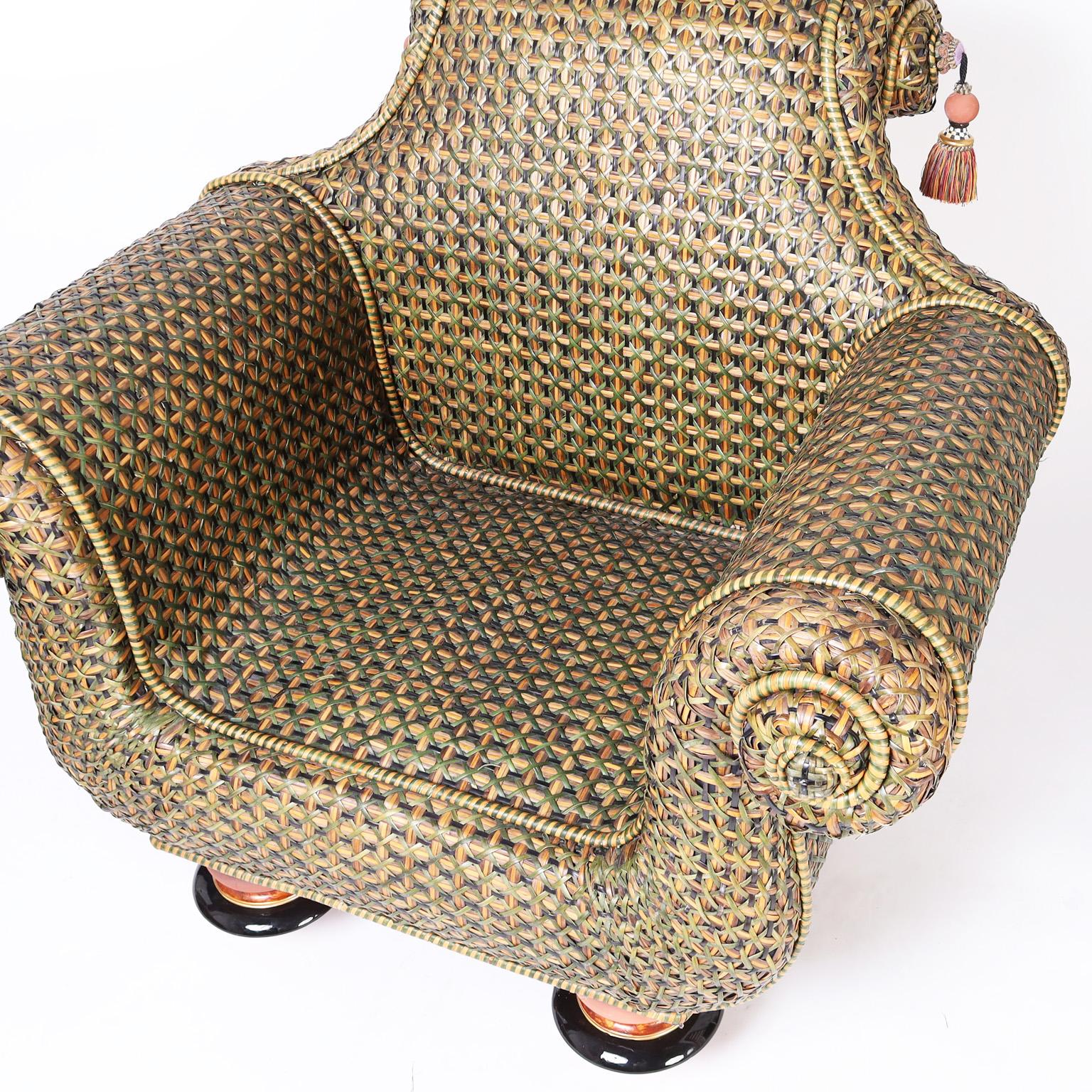 Wicker Armchair and Ottoman by Mackenzie Childs In Good Condition In Palm Beach, FL