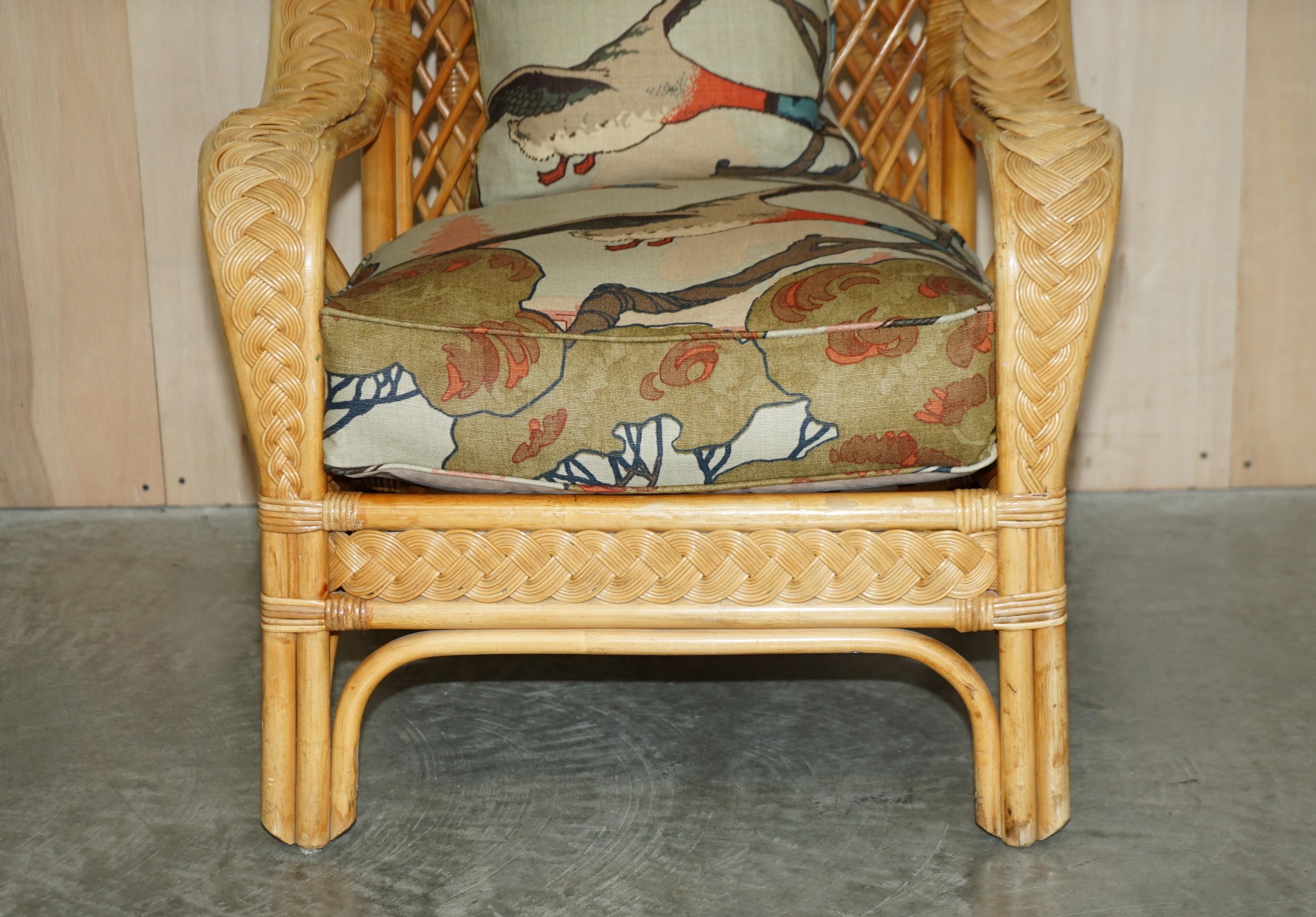Hand-Crafted WICKER ARMCHAIRS STOOL TABLE SUITE UPHOLSTERED WiTH MULBERRY FLYING DUCKS FABRIC For Sale