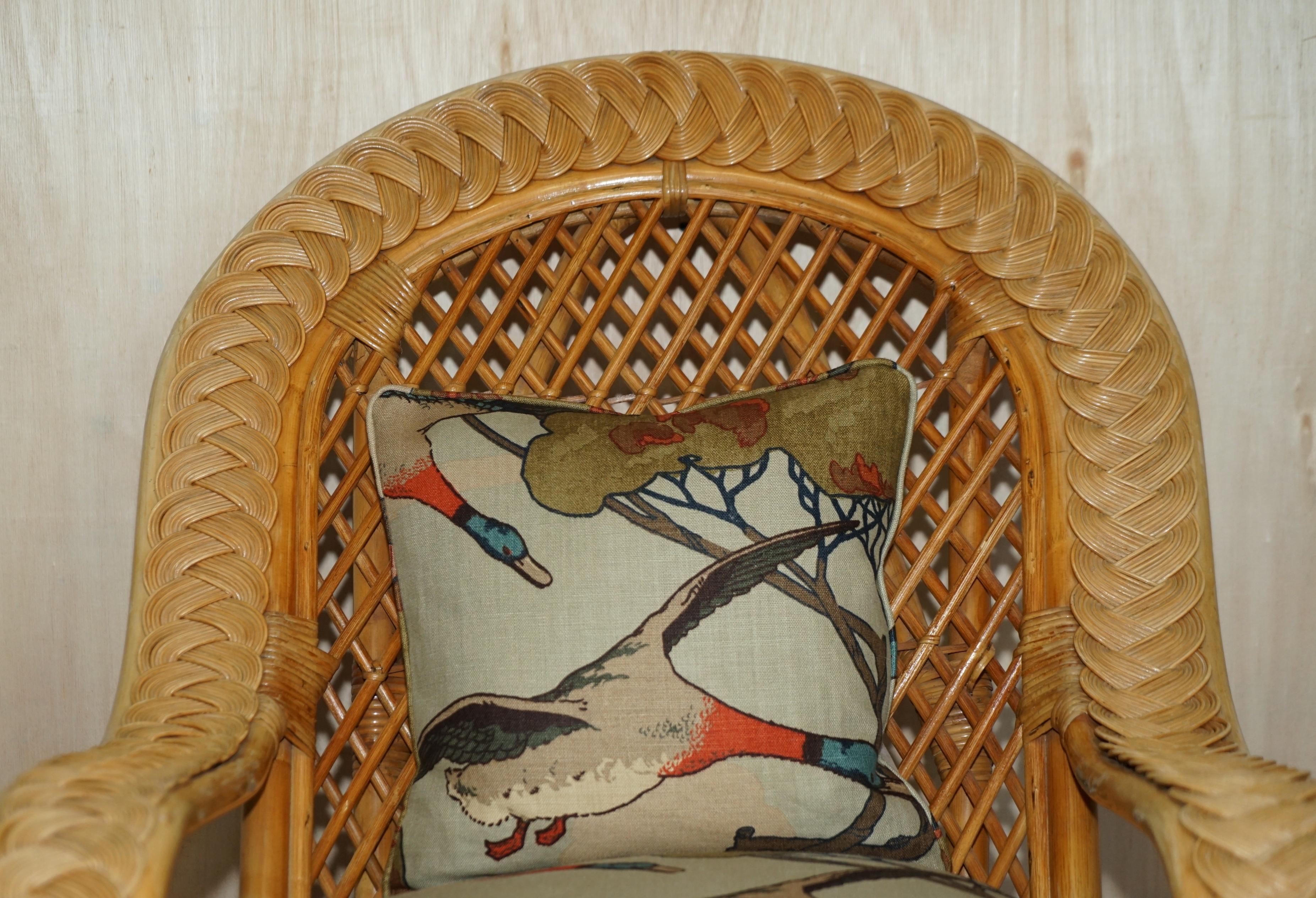 20th Century WICKER ARMCHAIRS STOOL TABLE SUITE UPHOLSTERED WiTH MULBERRY FLYING DUCKS FABRIC For Sale