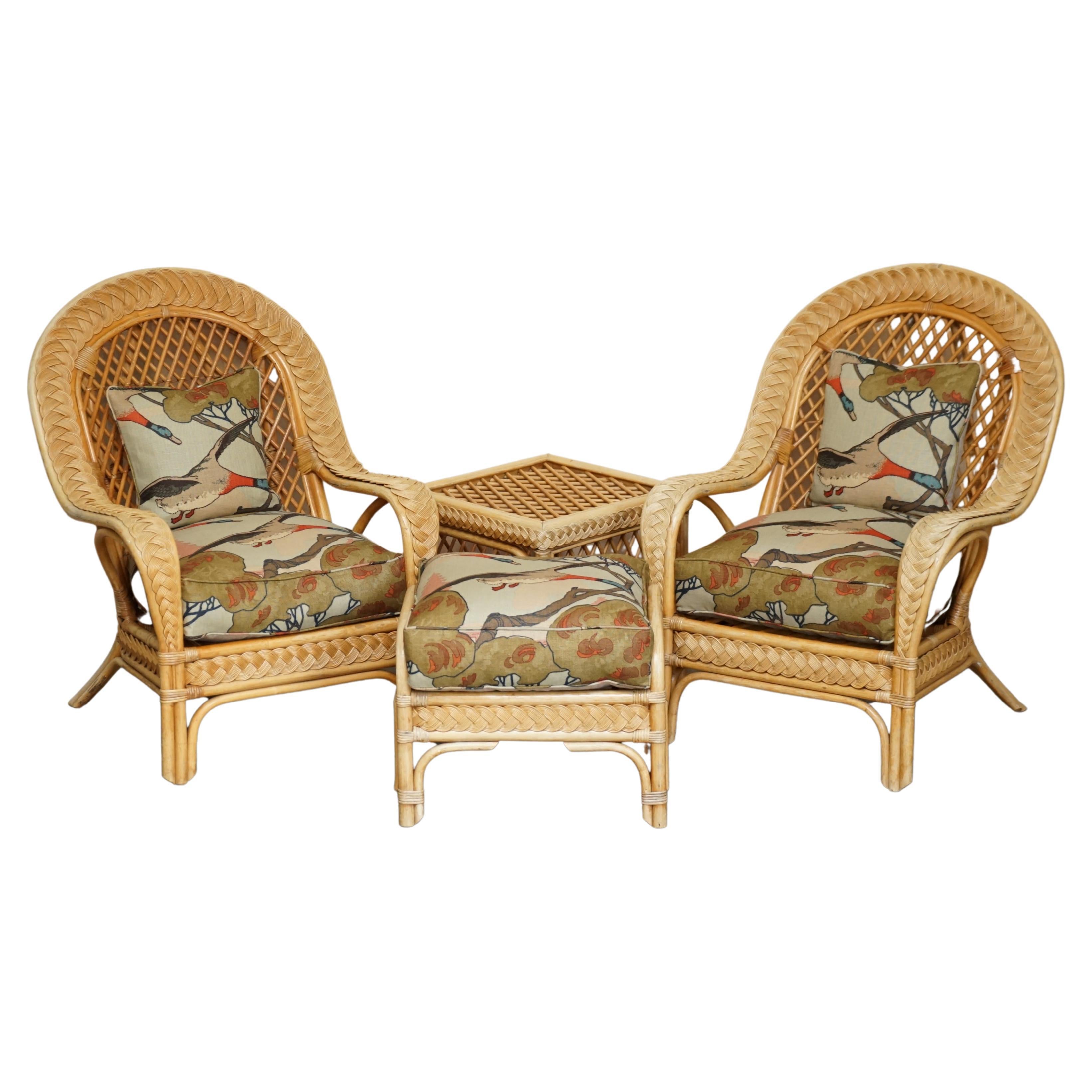 WICKER ARMCHAIRS STOOL TABLE SUITE UPHOLSTERED WiTH MULBERRY FLYING DUCKS FABRIC For Sale