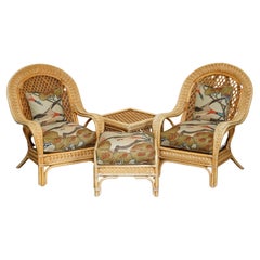 WICKER ARMCHAIRS STOOL TABLE SUITE UPHOLSTERED WiTH MULBERRY FLYING DUCKS FABRIC