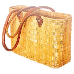 Vintage Wicker Bag with Leather Handles, Yellow Color, France 1970