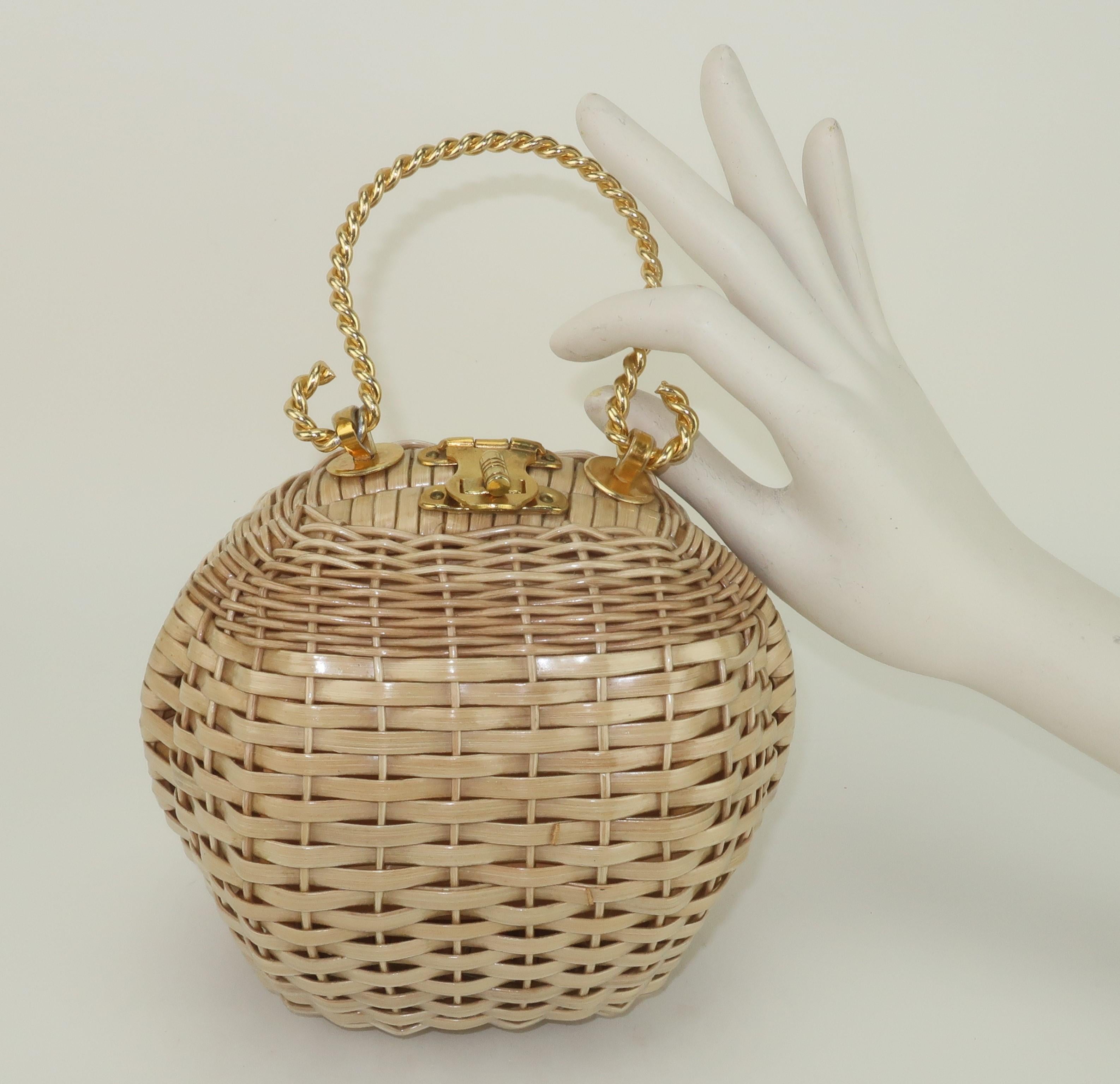 Wicker Ball Shaped Handbag With Gold Handle, 1960's 6