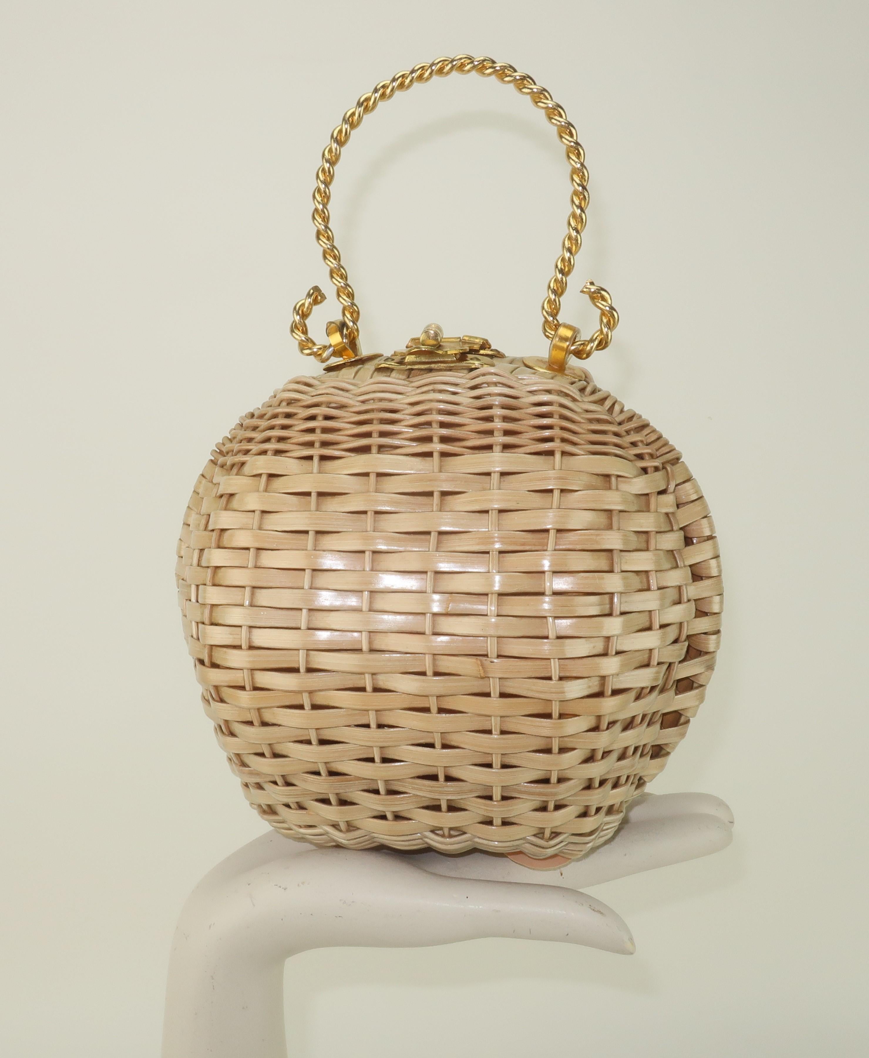 Wicker Ball Shaped Handbag With Gold Handle, 1960's For Sale 8
