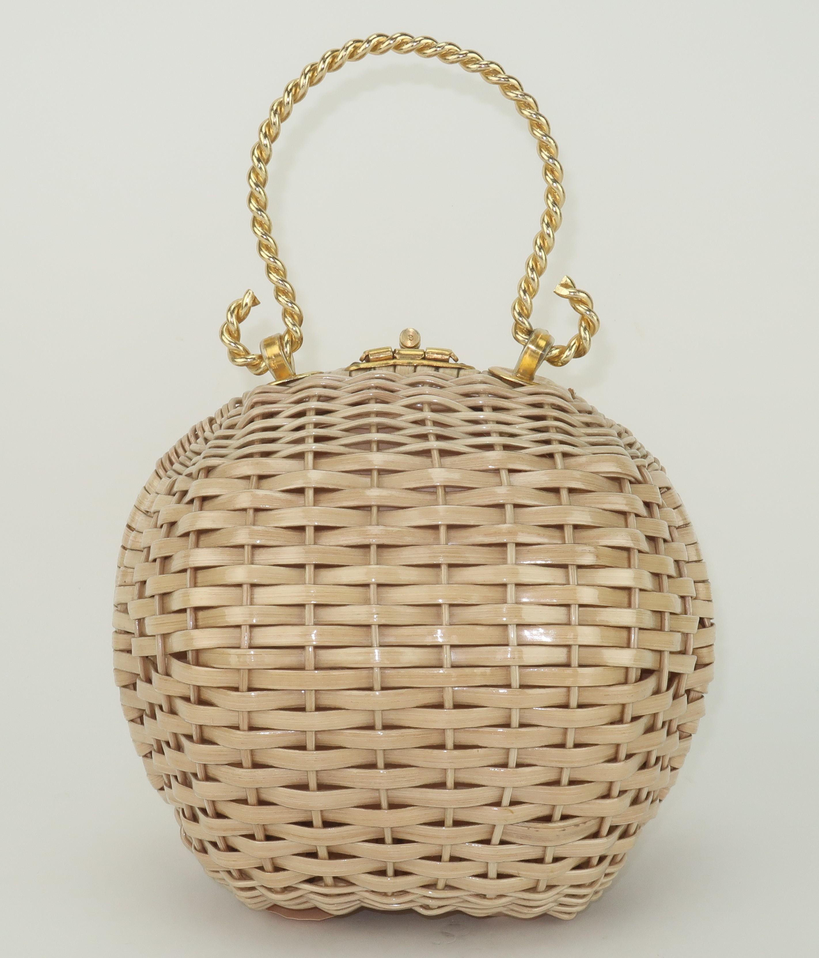 Women's Wicker Ball Shaped Handbag With Gold Handle, 1960's For Sale
